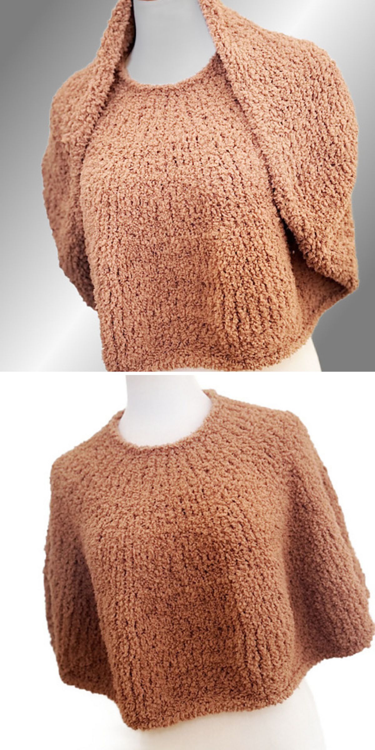a knit poncho made in fuzzy yarn