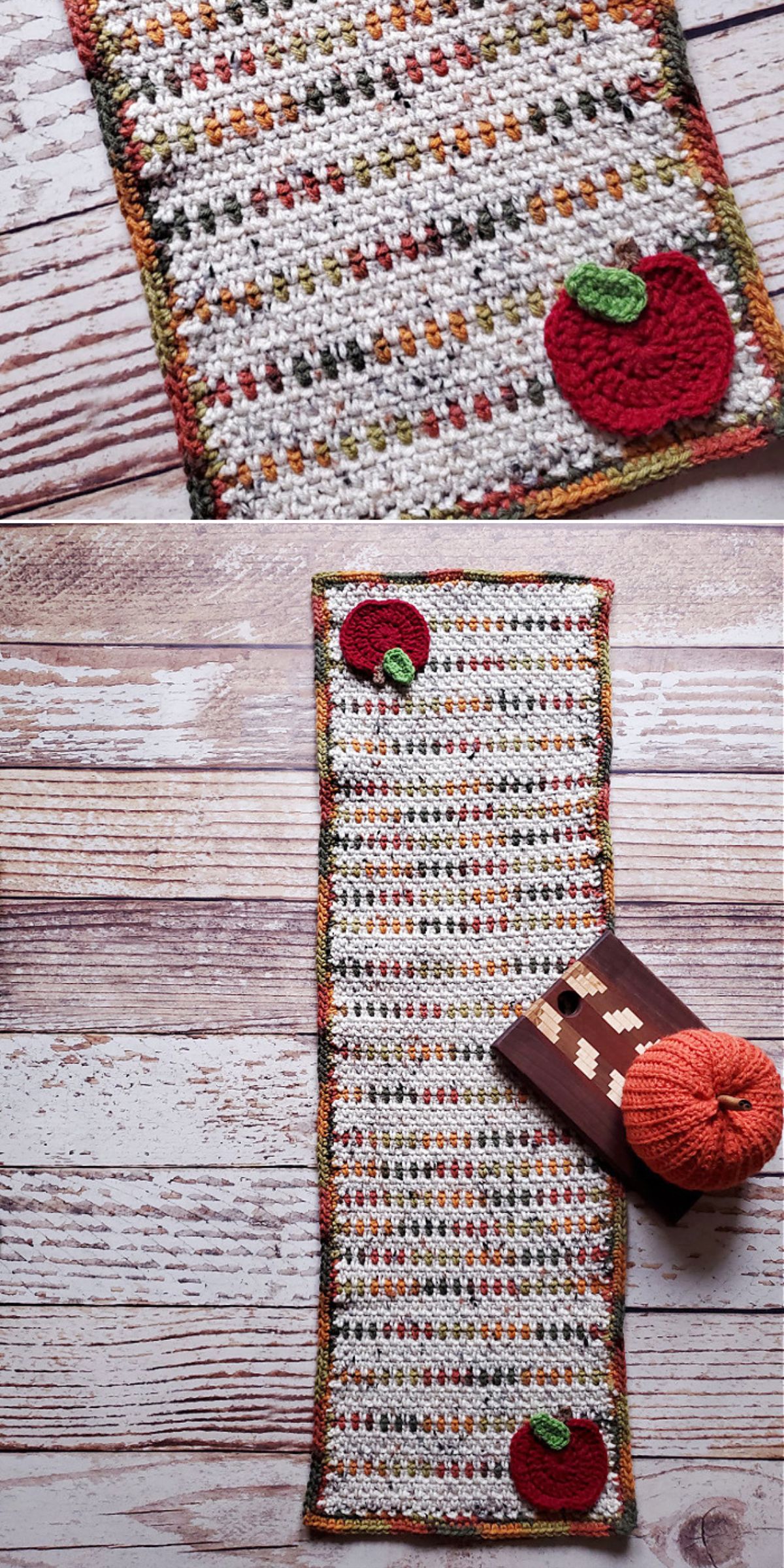 a crochet table runner with two apple appliques 
