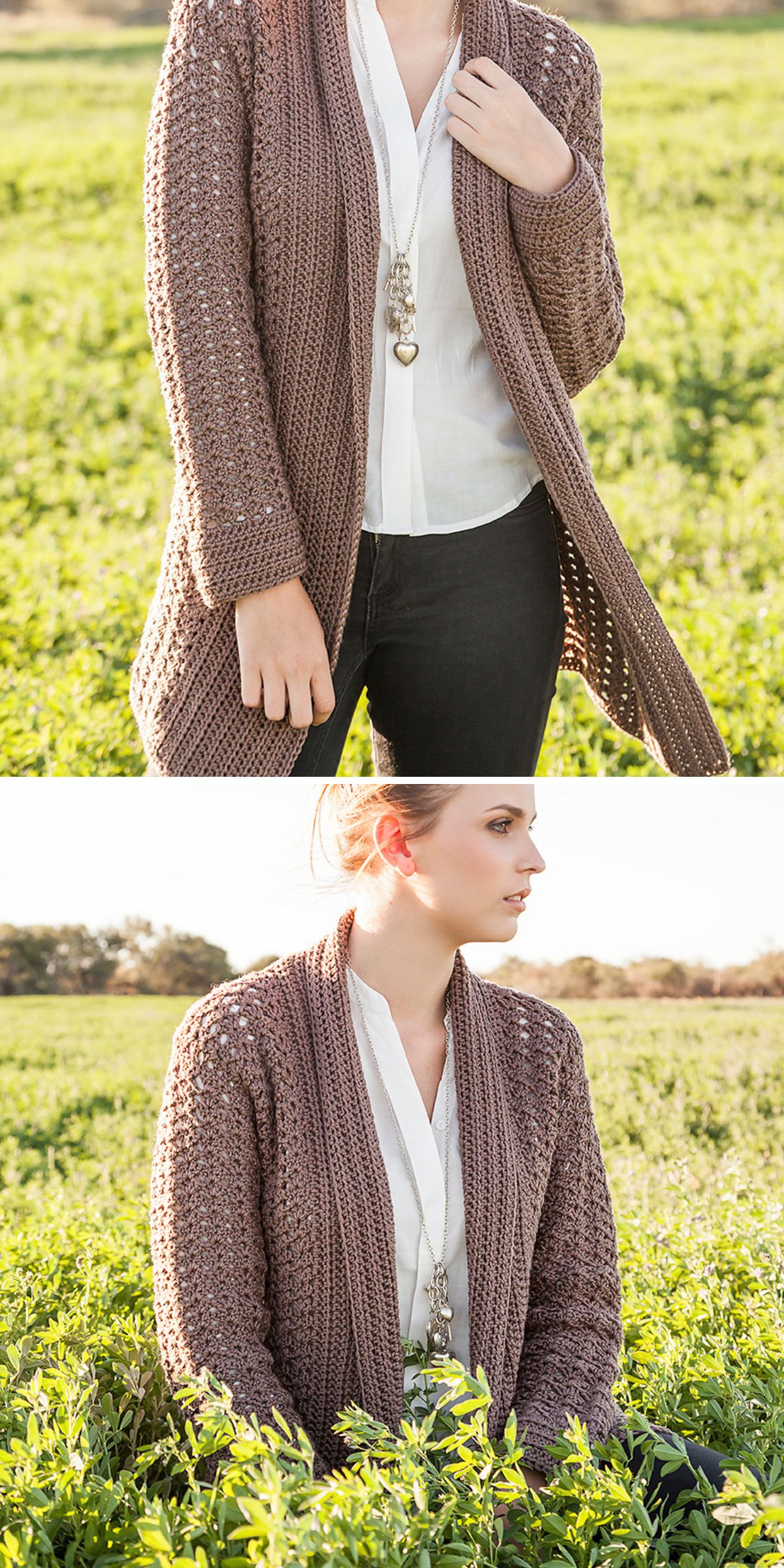 a woman wearing a crochet cardigan in a neutral color