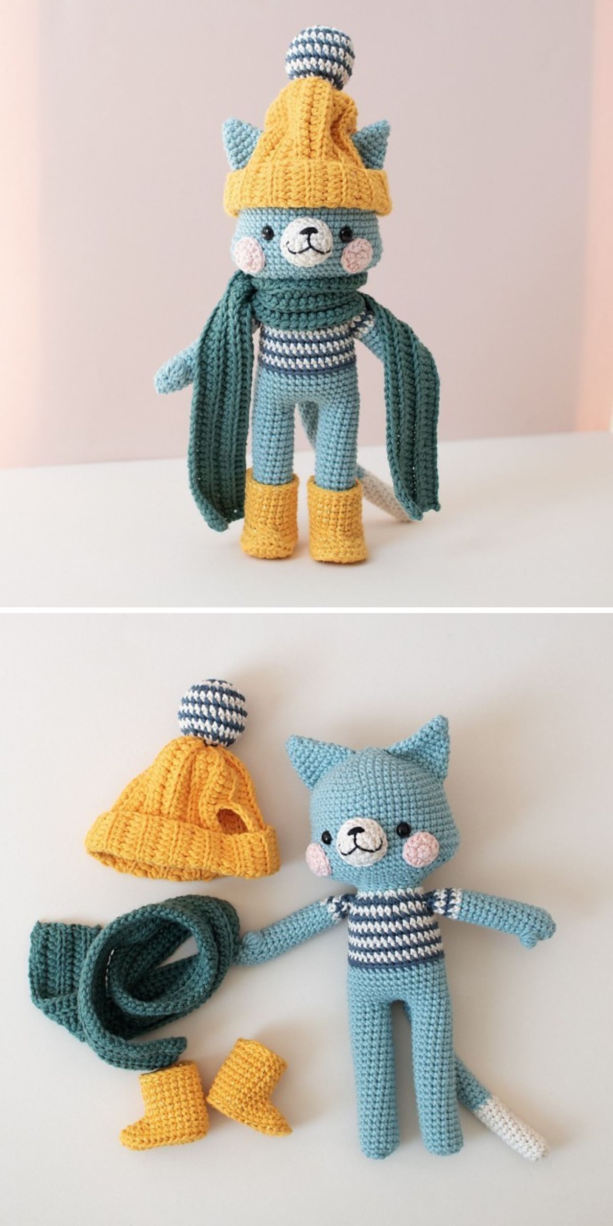 a cat amigurumi dressed in a hat, scarf and boots