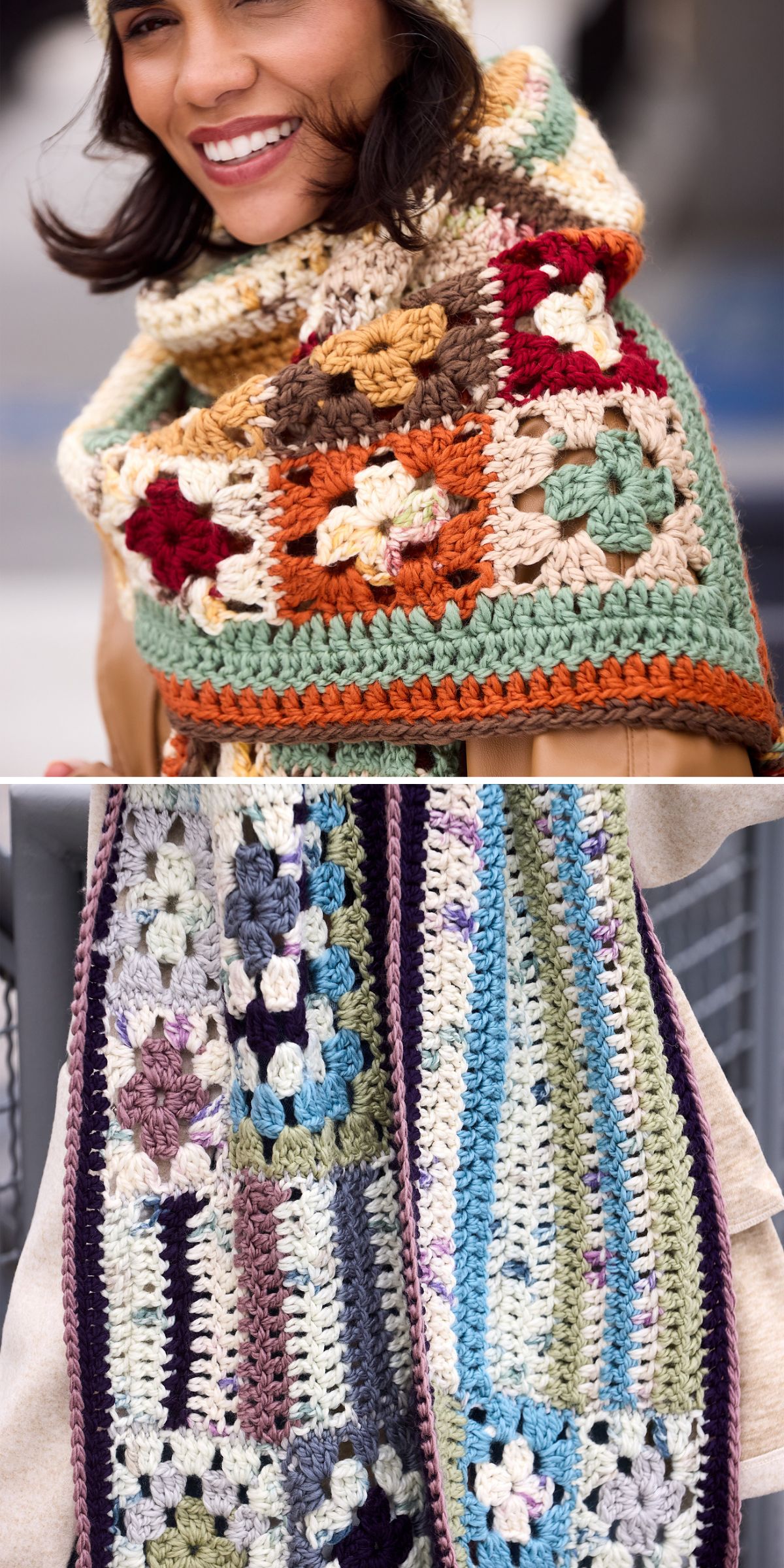 a woman wearing a colorful crochet scarf made of granny squares