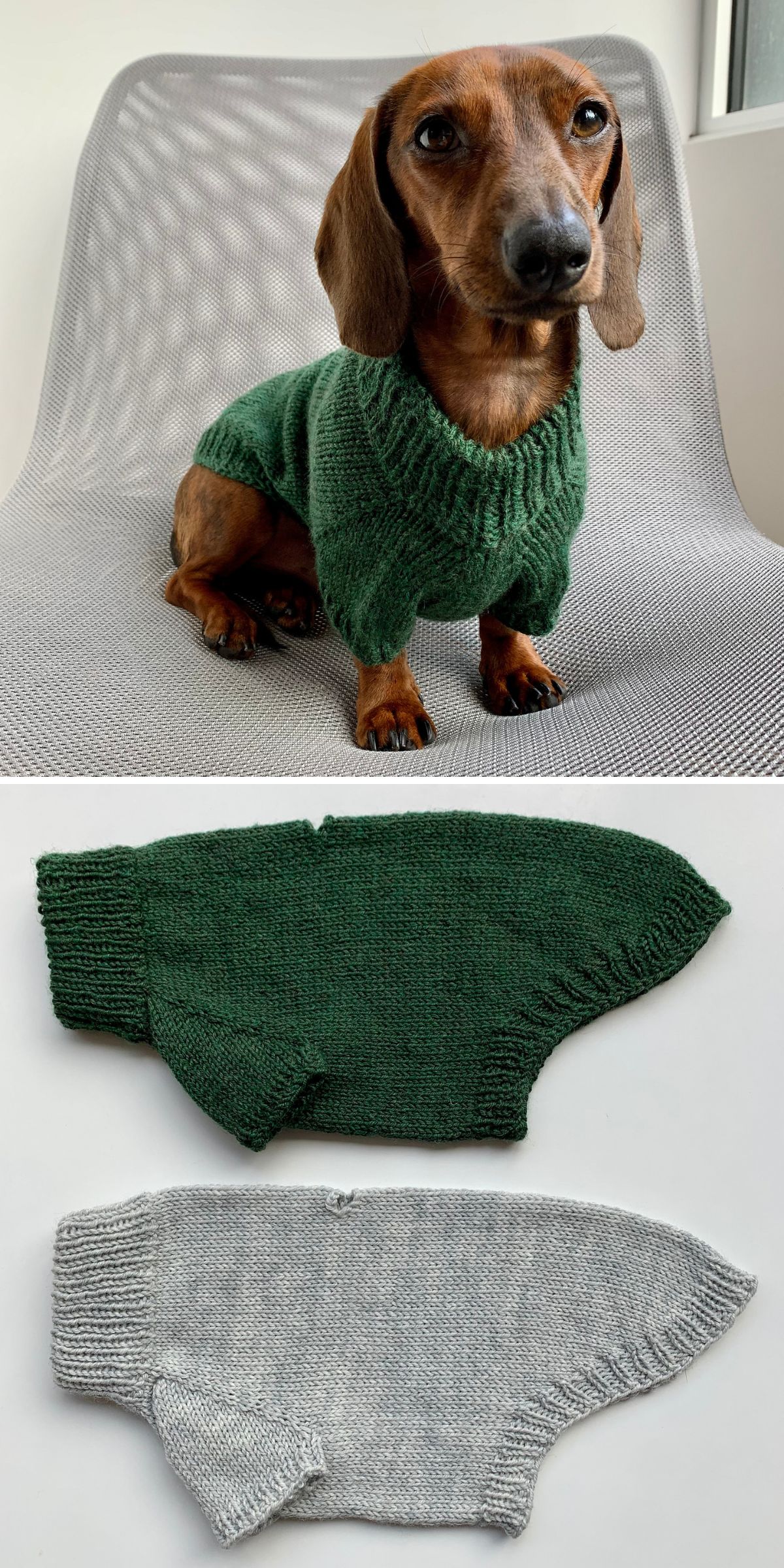two modern knitted dog sweaters in grey and dark green with a clean ribbing