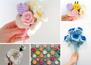 Explore beautiful crochet flower patterns in various styles and colors, featuring a delightful bee ornament. These intricate designs are presented in both bouquets and individual pieces, perfect for adding charm to any decor.