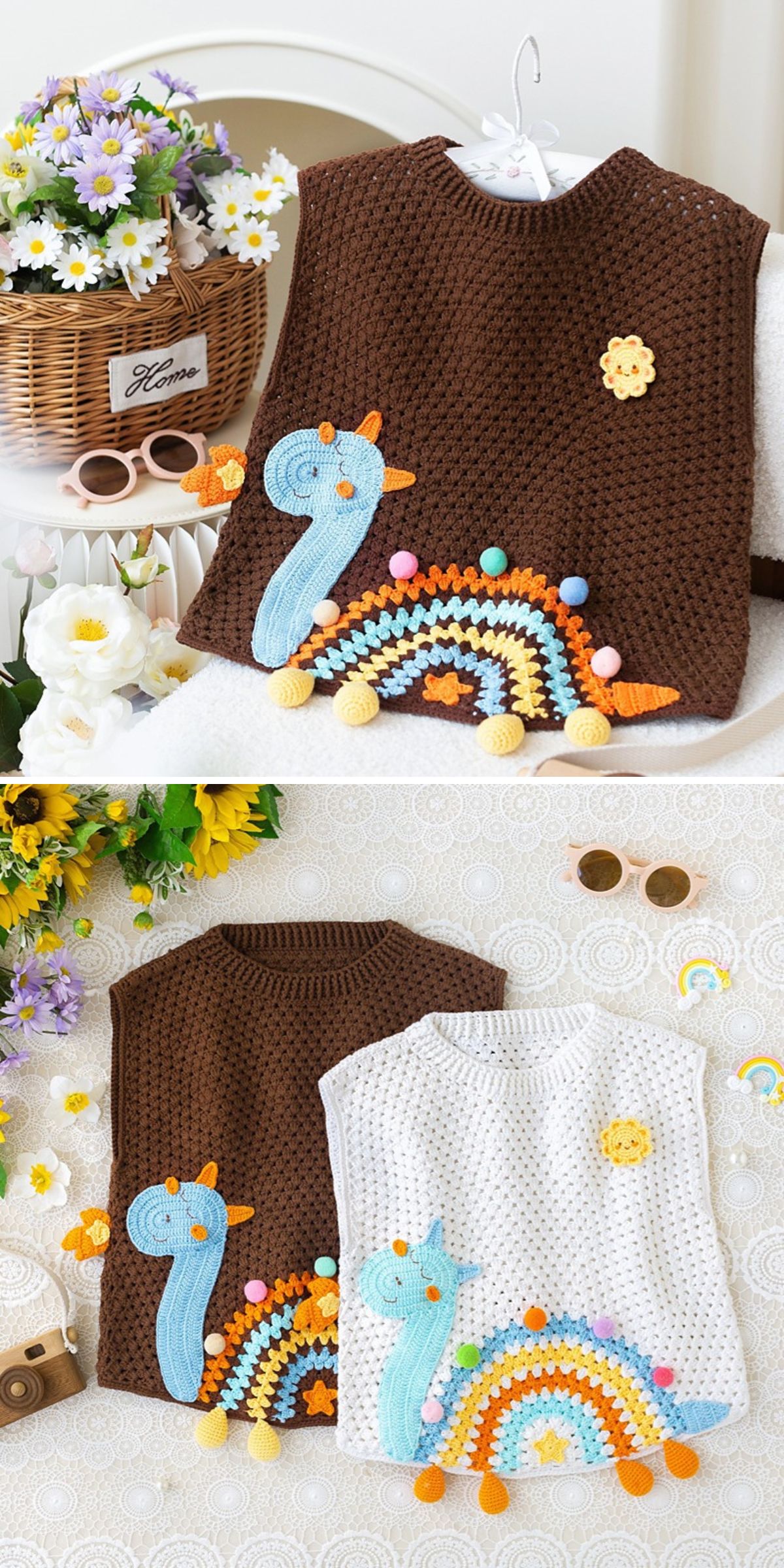 Two crochet vests: one brown, one white, both boasting colorful dinosaur and rainbow designs. Sunglasses and flowers gracefully adorn the background.