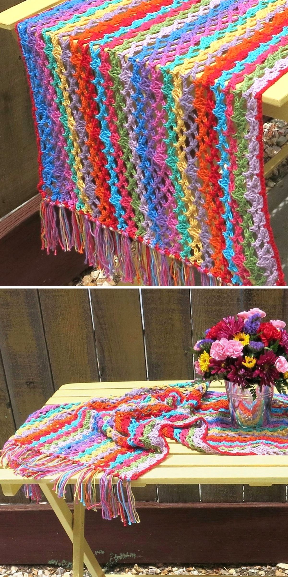 a  striped crochet table runner in rainbow colors and with a fringe