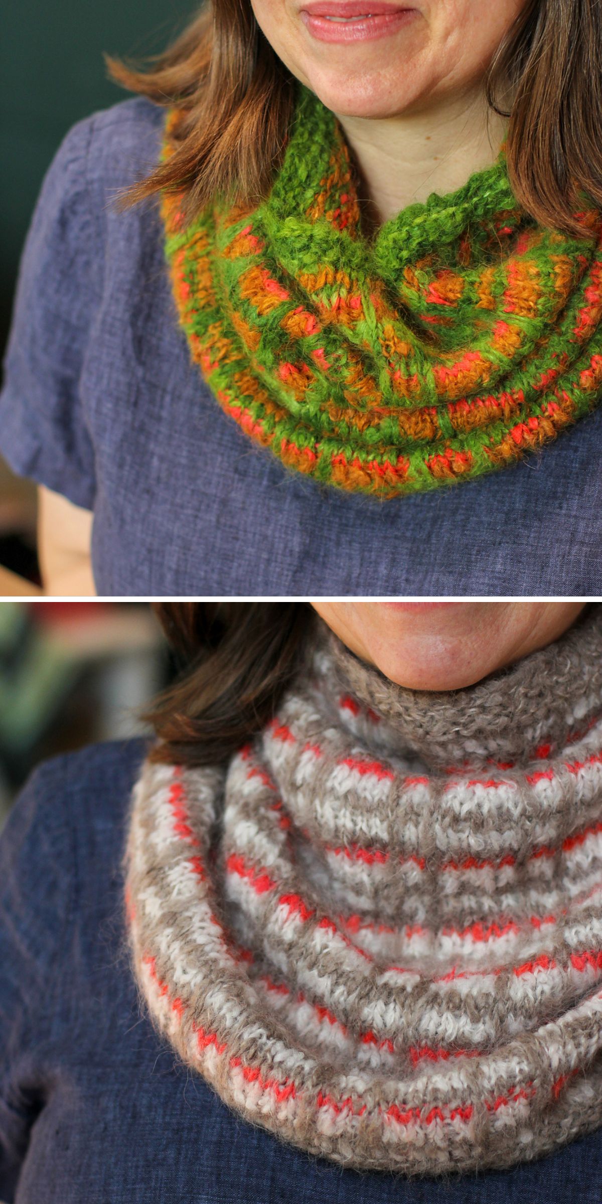 A person is showcasing a vibrant knit cowl in the top image, featuring green and orange hues, while the bottom image highlights a gray cowl with charming pink accents.