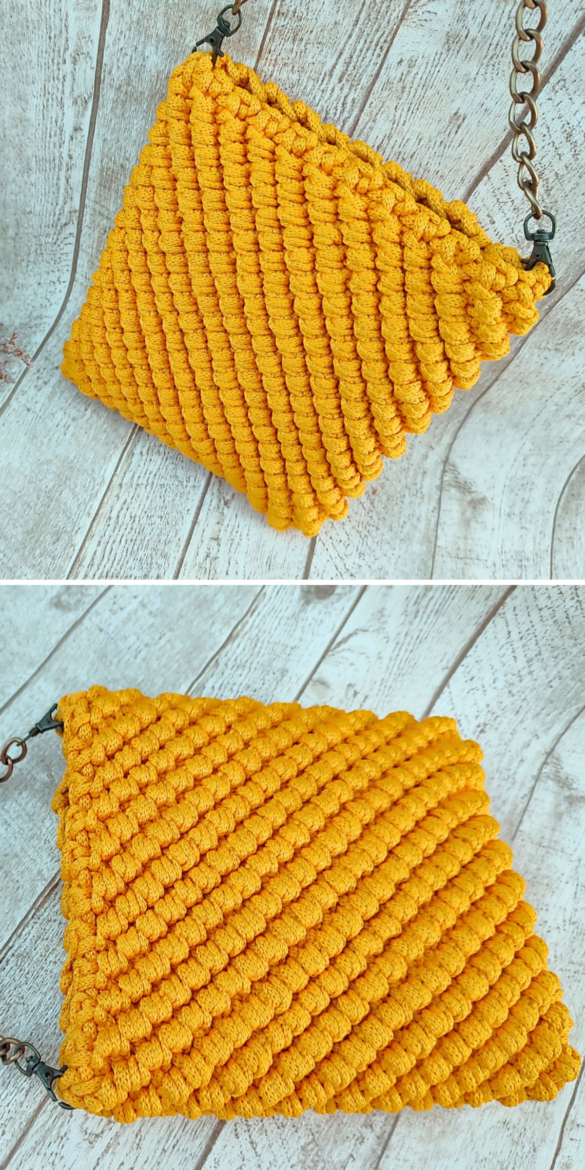Yellow crocheted crossbody bag with a chain strap on a wooden surface, shown from two angles.