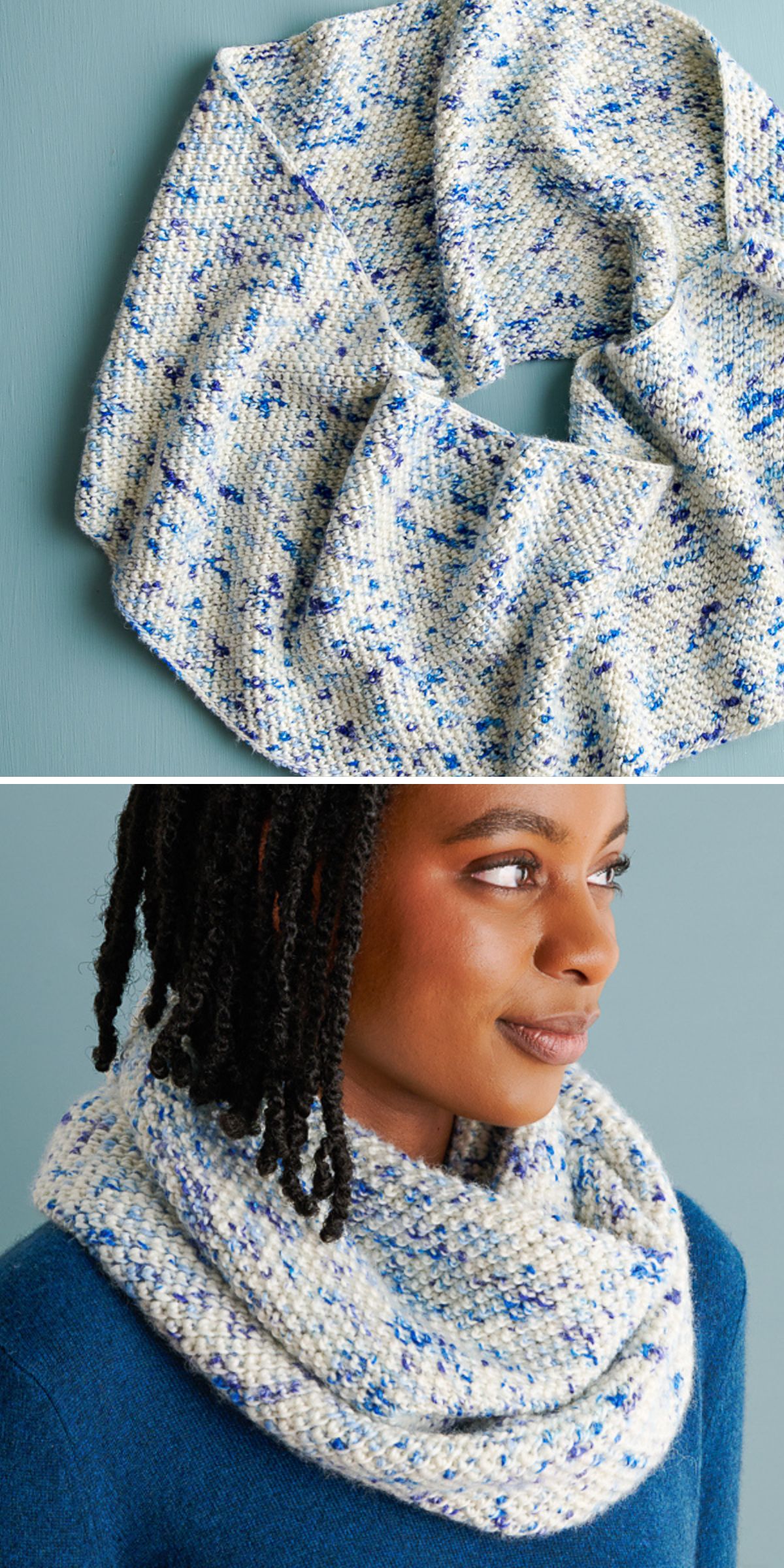 a knit cowl in variegated yarn in blue and white