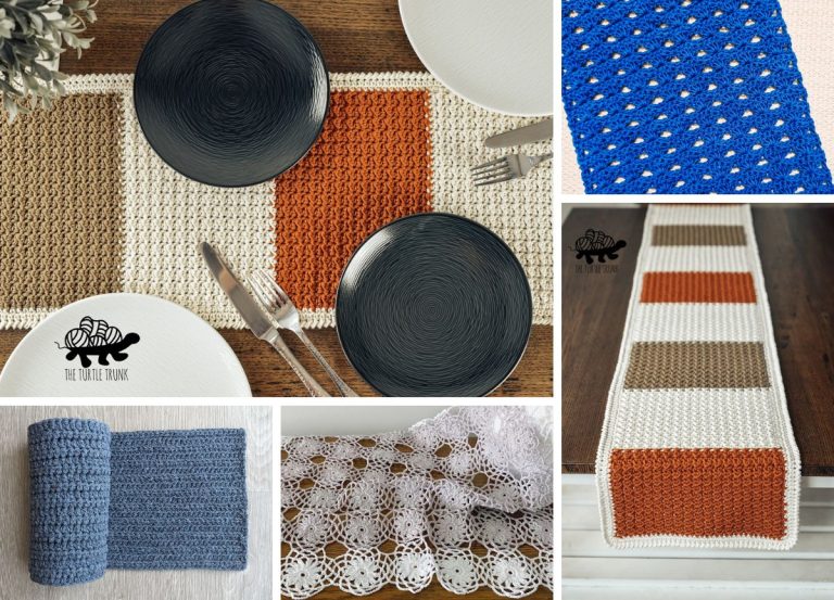 A collage featuring crochet table runners with multicolor squares, blue and white crochet pieces, and a decorative lace pattern.