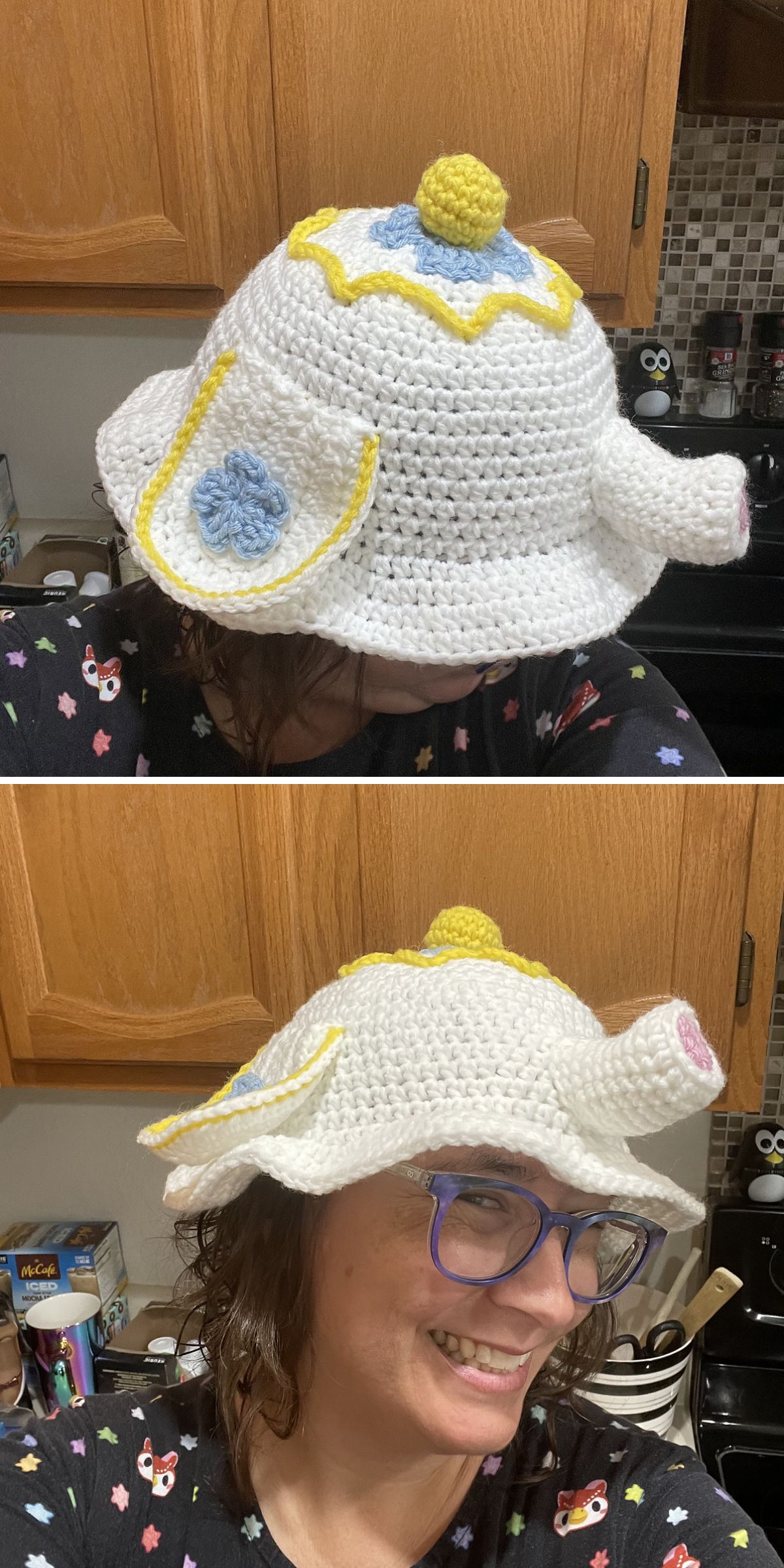 a woman wearing a funny crochet hat with a teapot design
