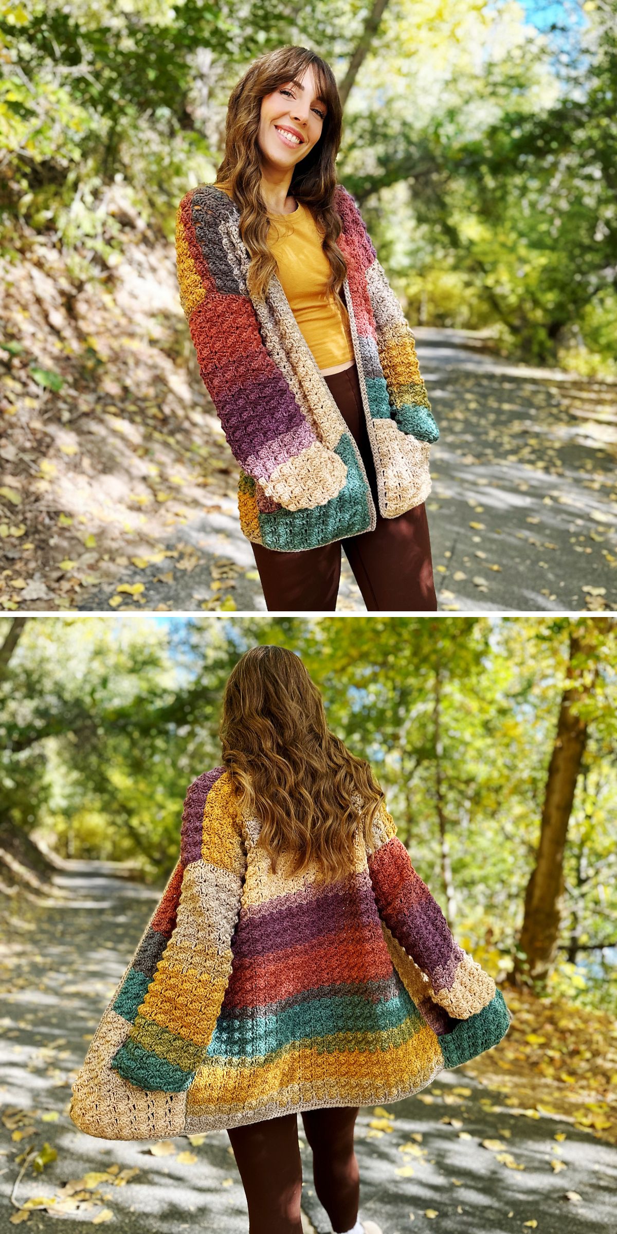 a woman wearing a colorful crochet cardigan with a unique texture
