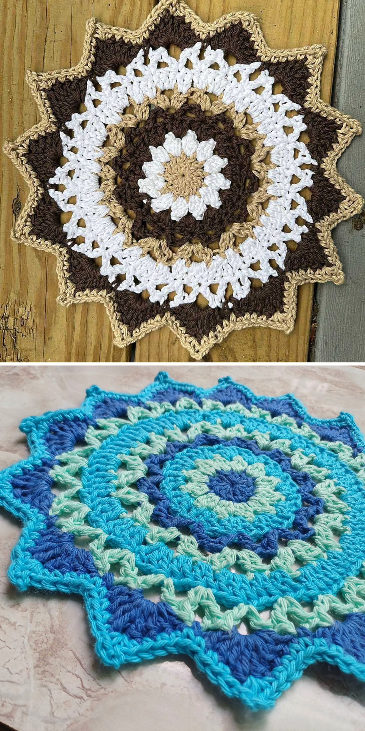 Two crocheted round doilies with pointed edges; the top one features floral mandala patterns in brown, white, and beige tones, while the bottom one comes in shades of blue and turquoise.
