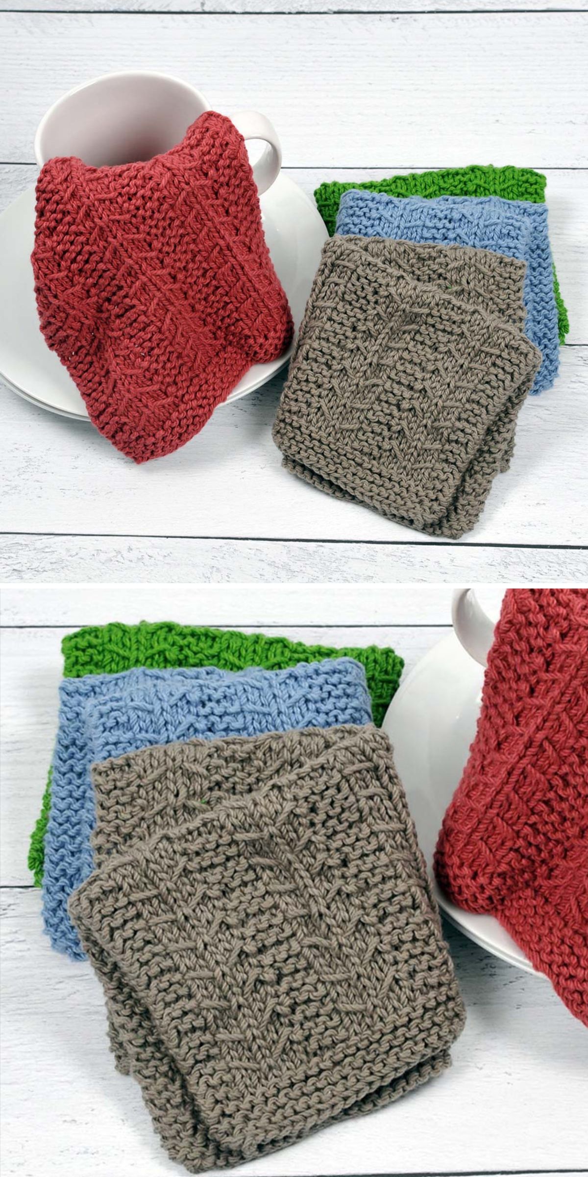 a set of stylish knit dishcloths in different colors