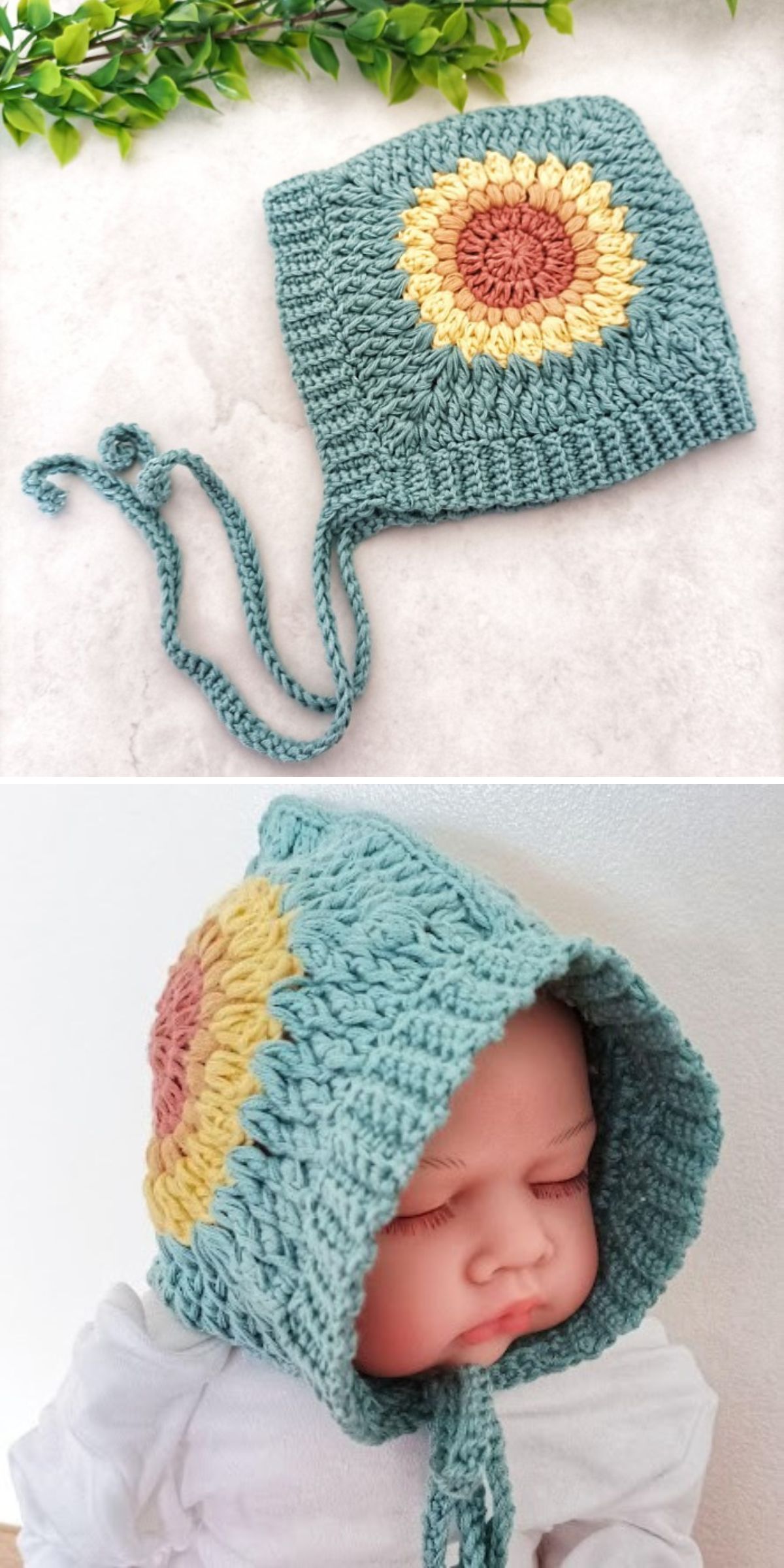 a crochet baby bonnet with a sunflower motif