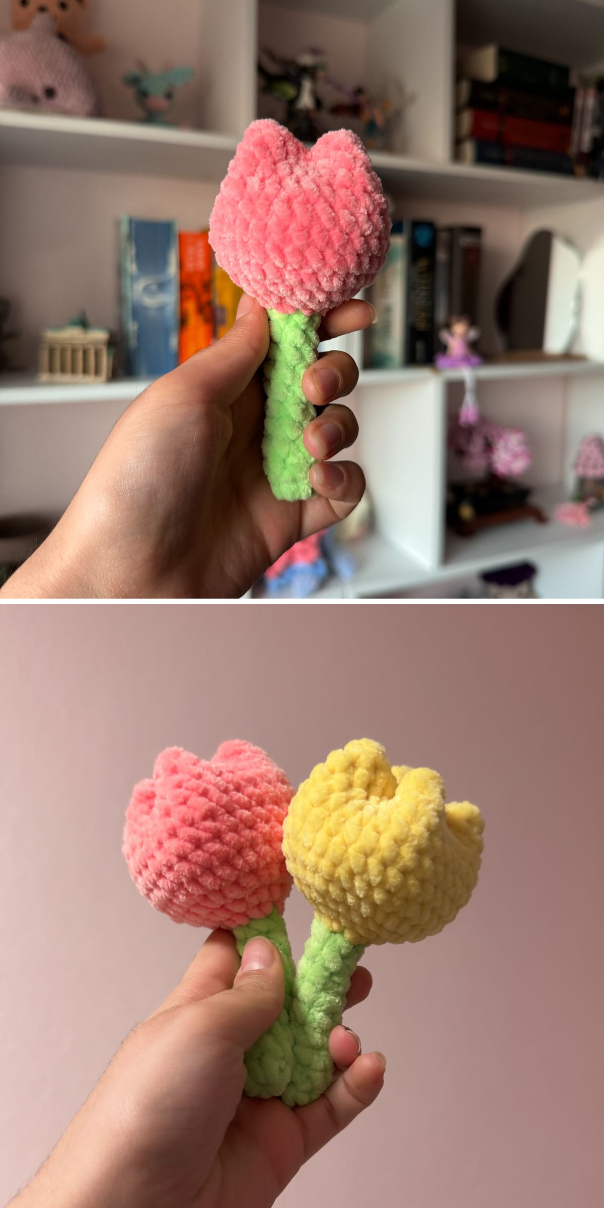 two crochet tulip flower amigurumi made in chenille yarn