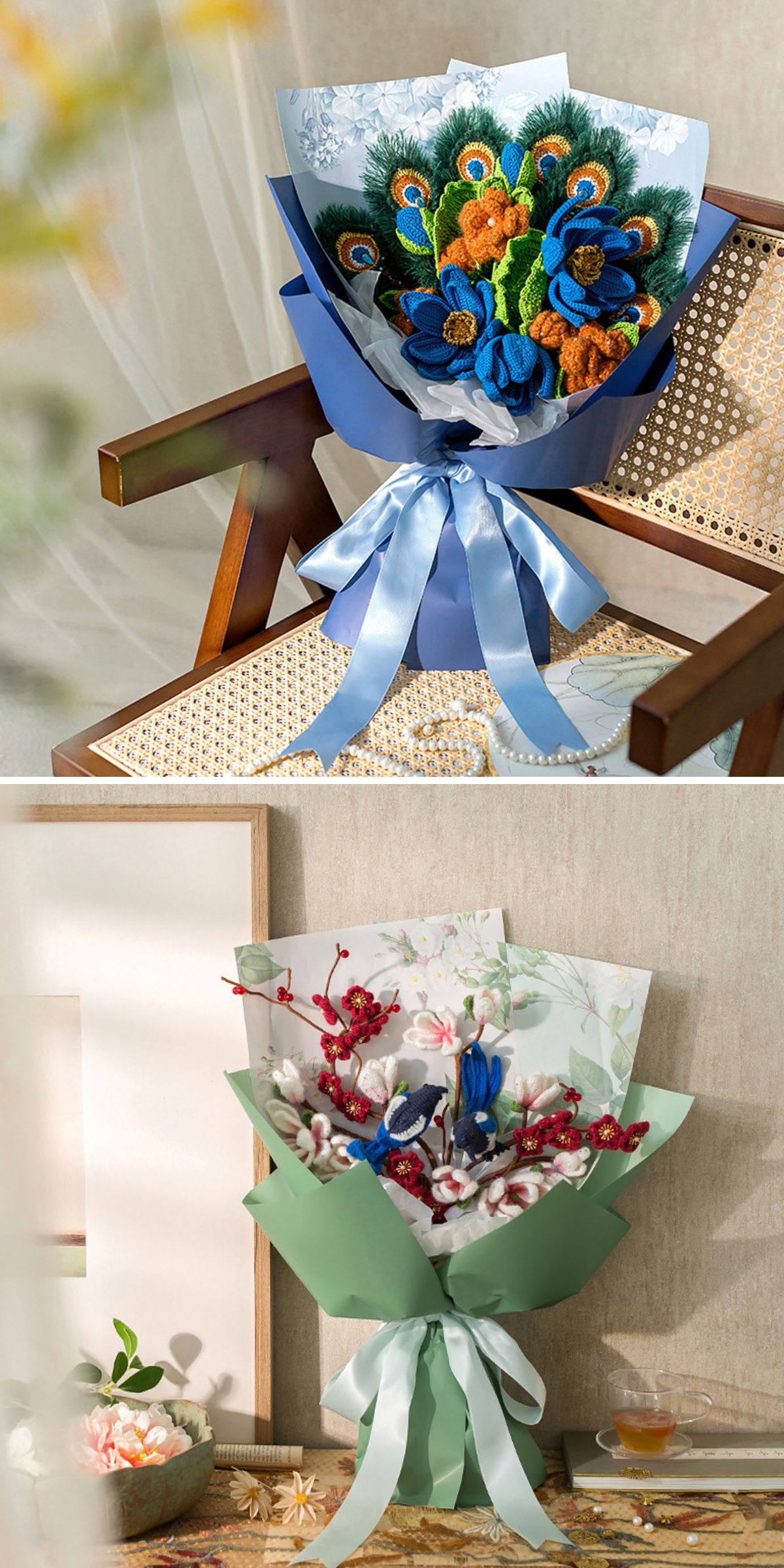 a crochet bouquet of flowers wrapped elegantly in a decorative paper and a bow