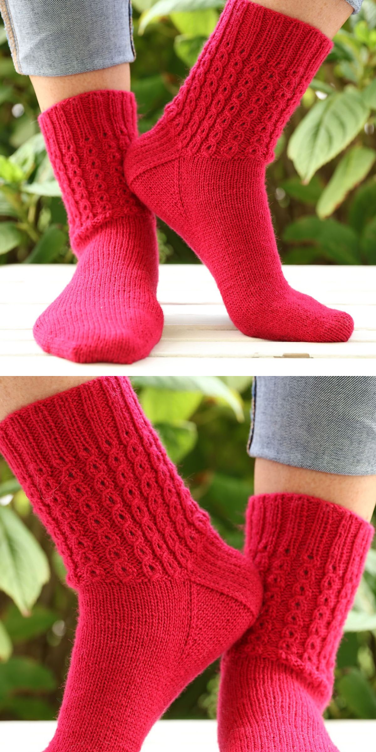 knitted socks in a vibrant red color and a beautiful texture detailing