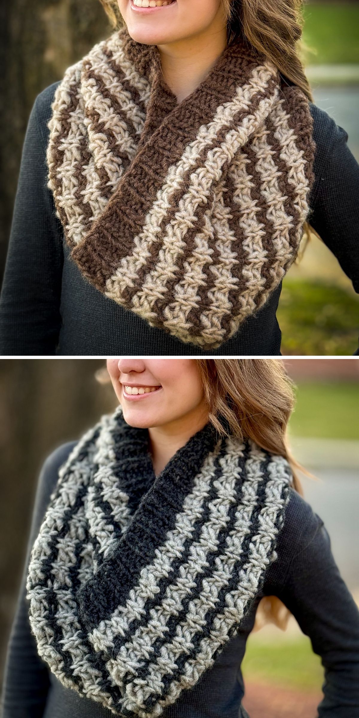 a woman wearing a two-colored chunky knitted cowl 
