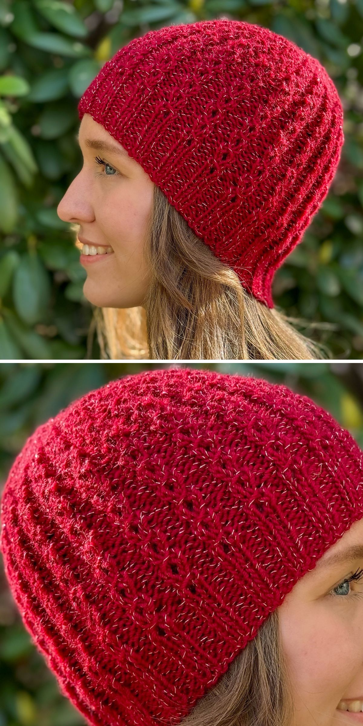 a woman wearing a knit beanie with a subtle cabled design in a vivid red color