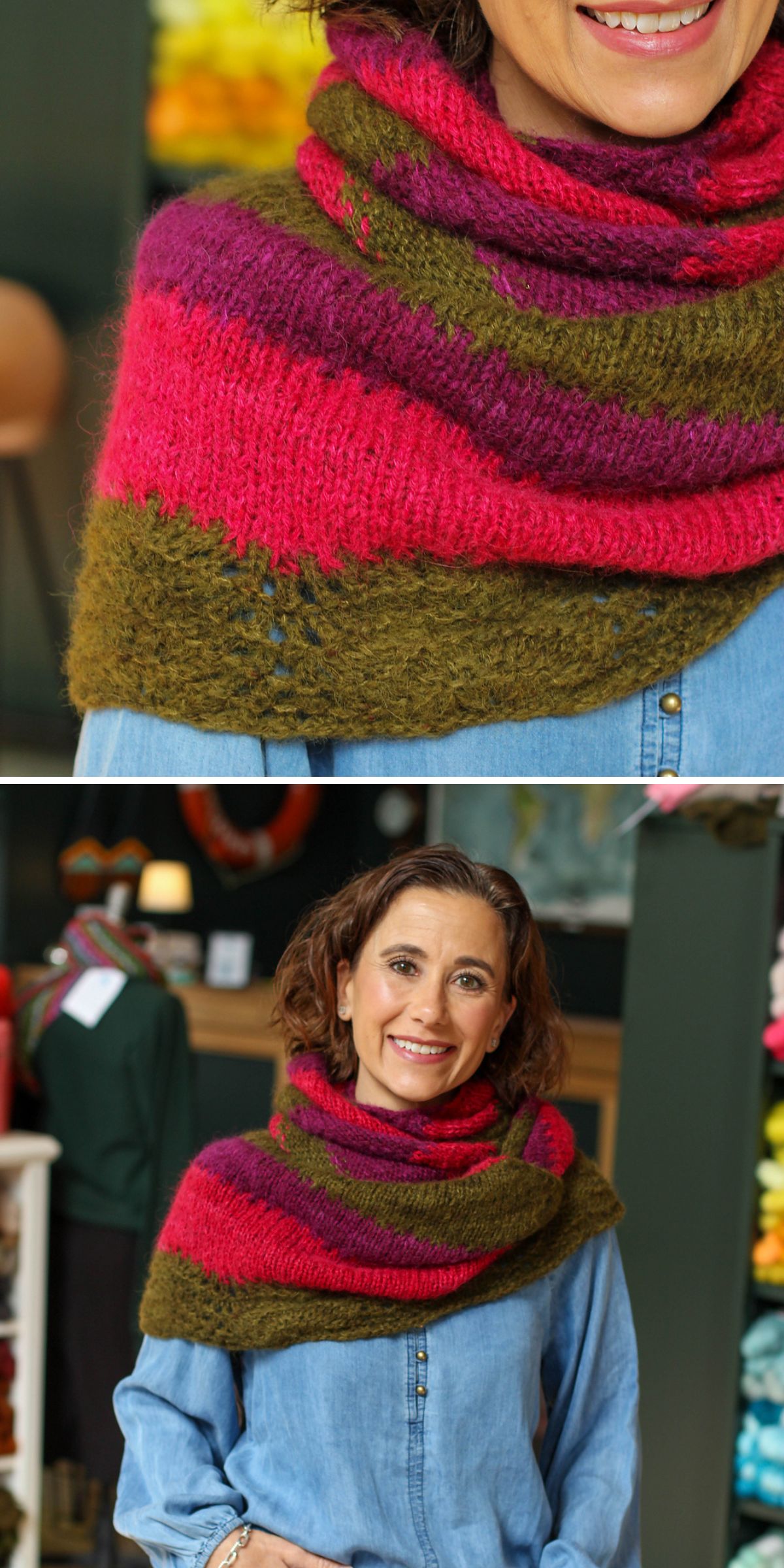 a woman wearing a vibrant knit shawl 