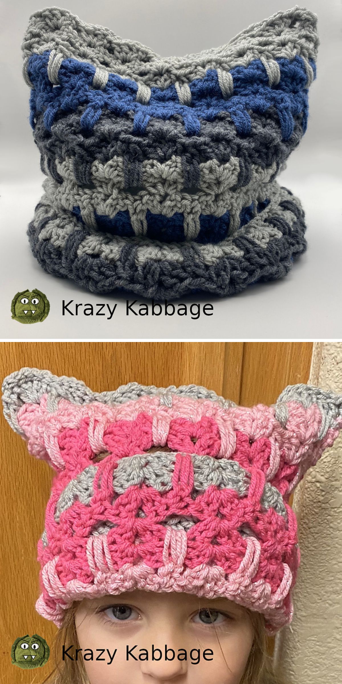 a crochet hat with a shape resembling cat ears