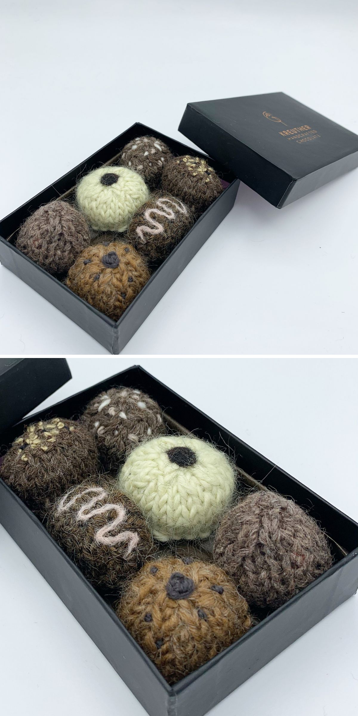 a box of knitted chocolate candies