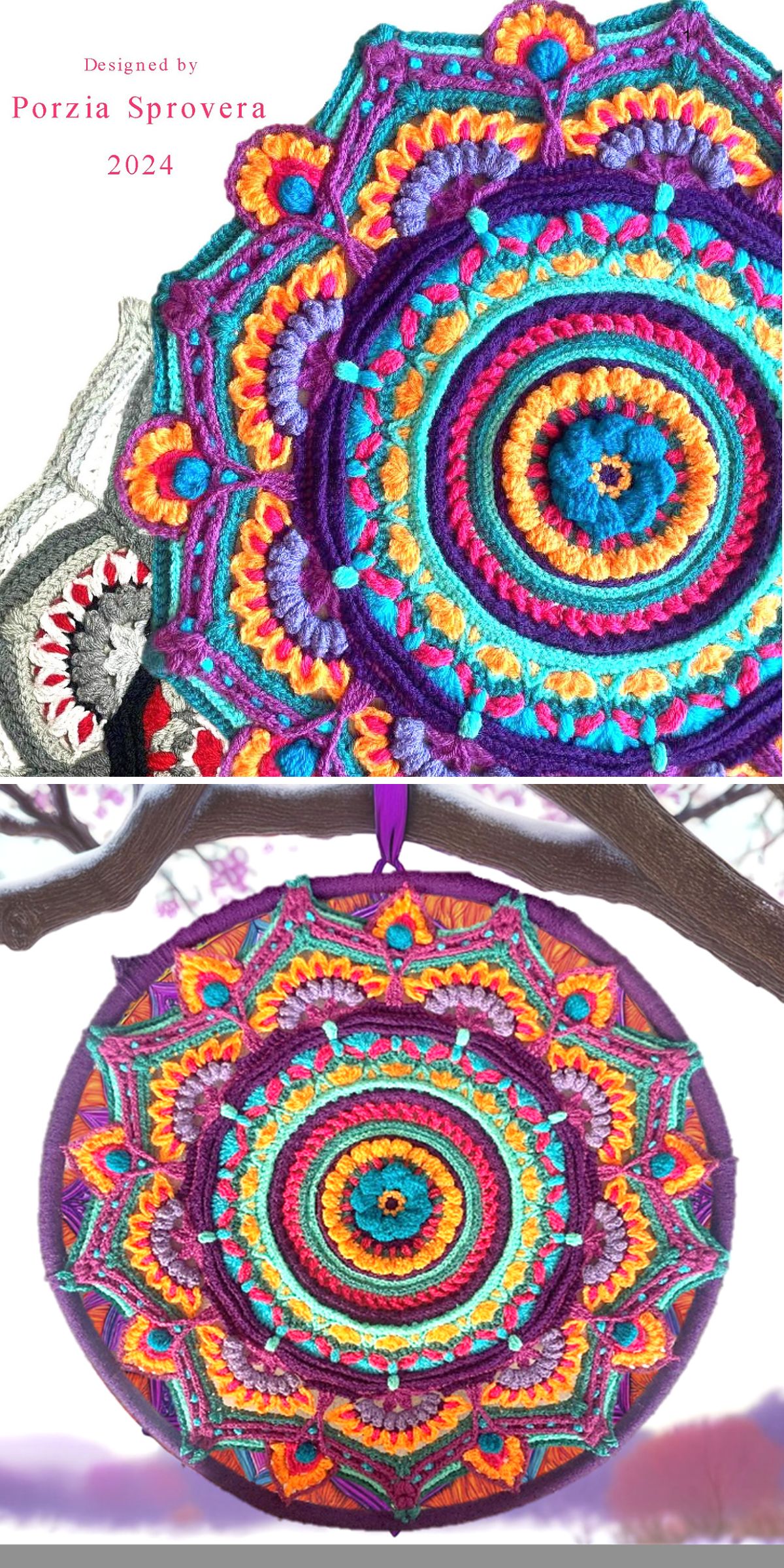 an intricate crochet mandala design featuring a vibrant colorwork