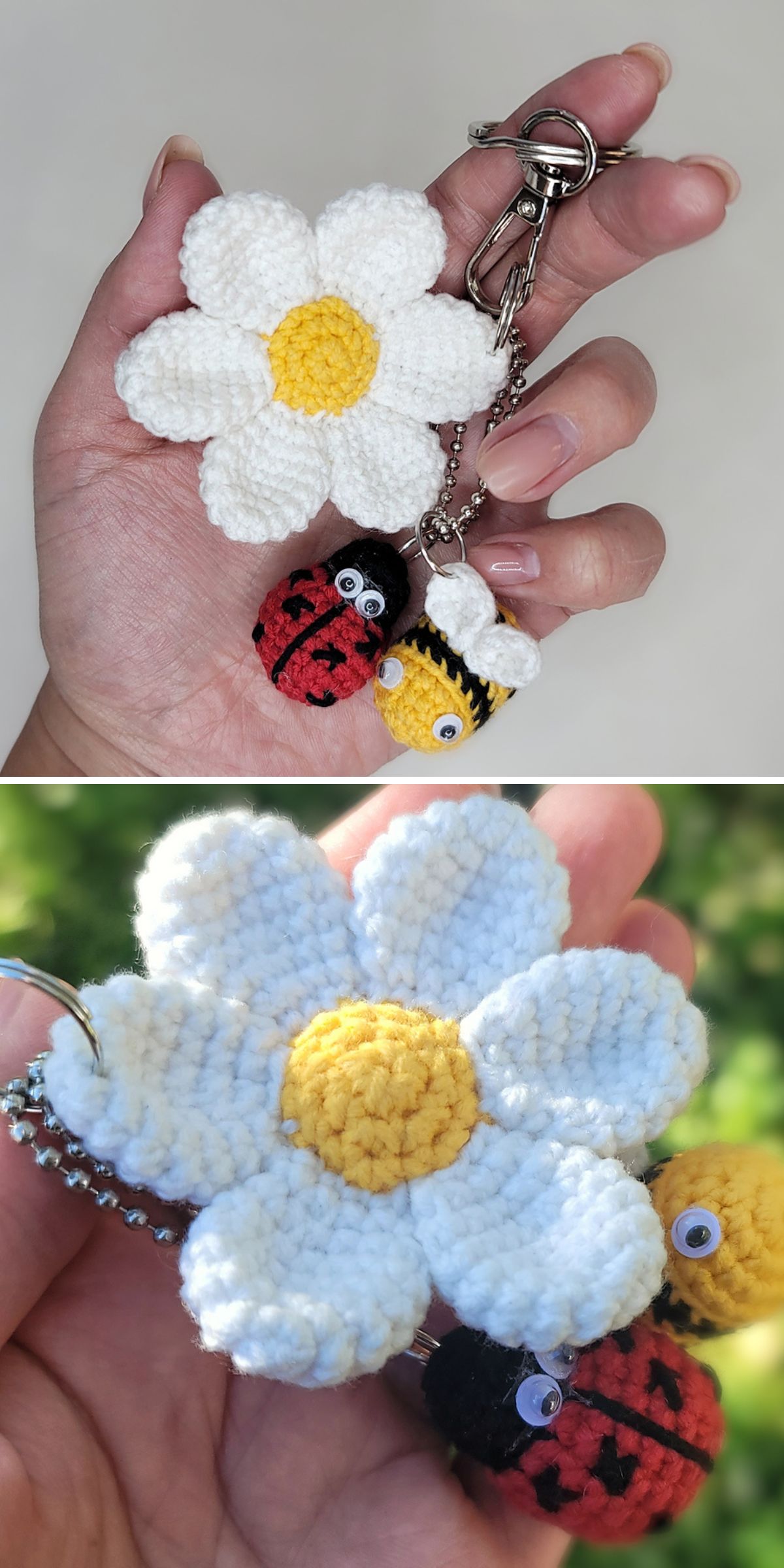 a crochet daisy keychain
