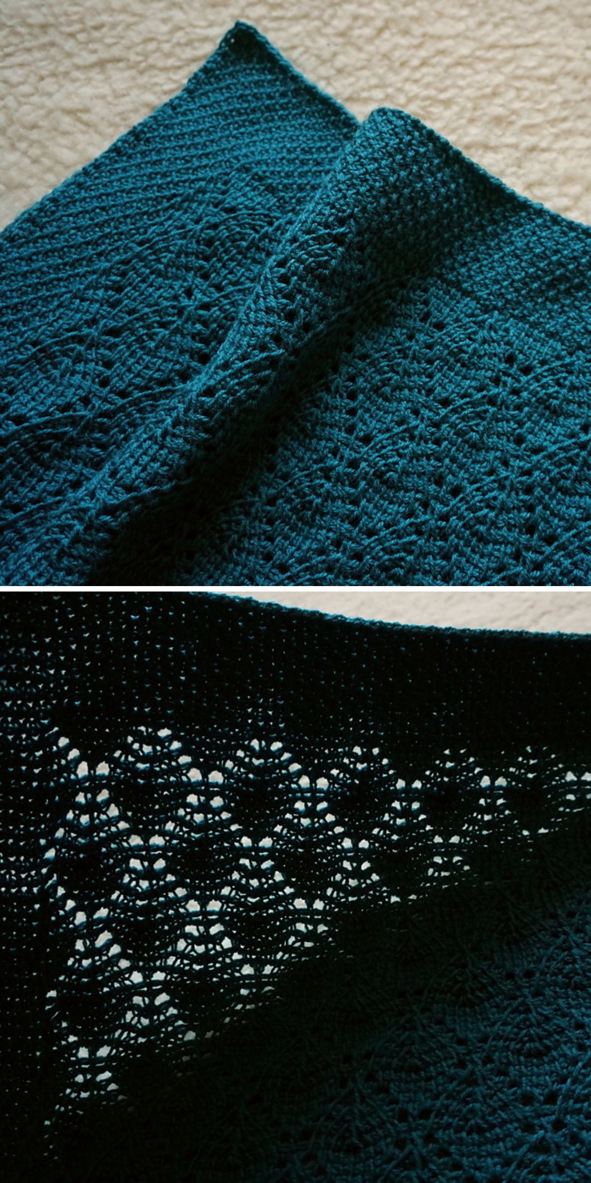 a filet baby blanket in a dark, deep green color