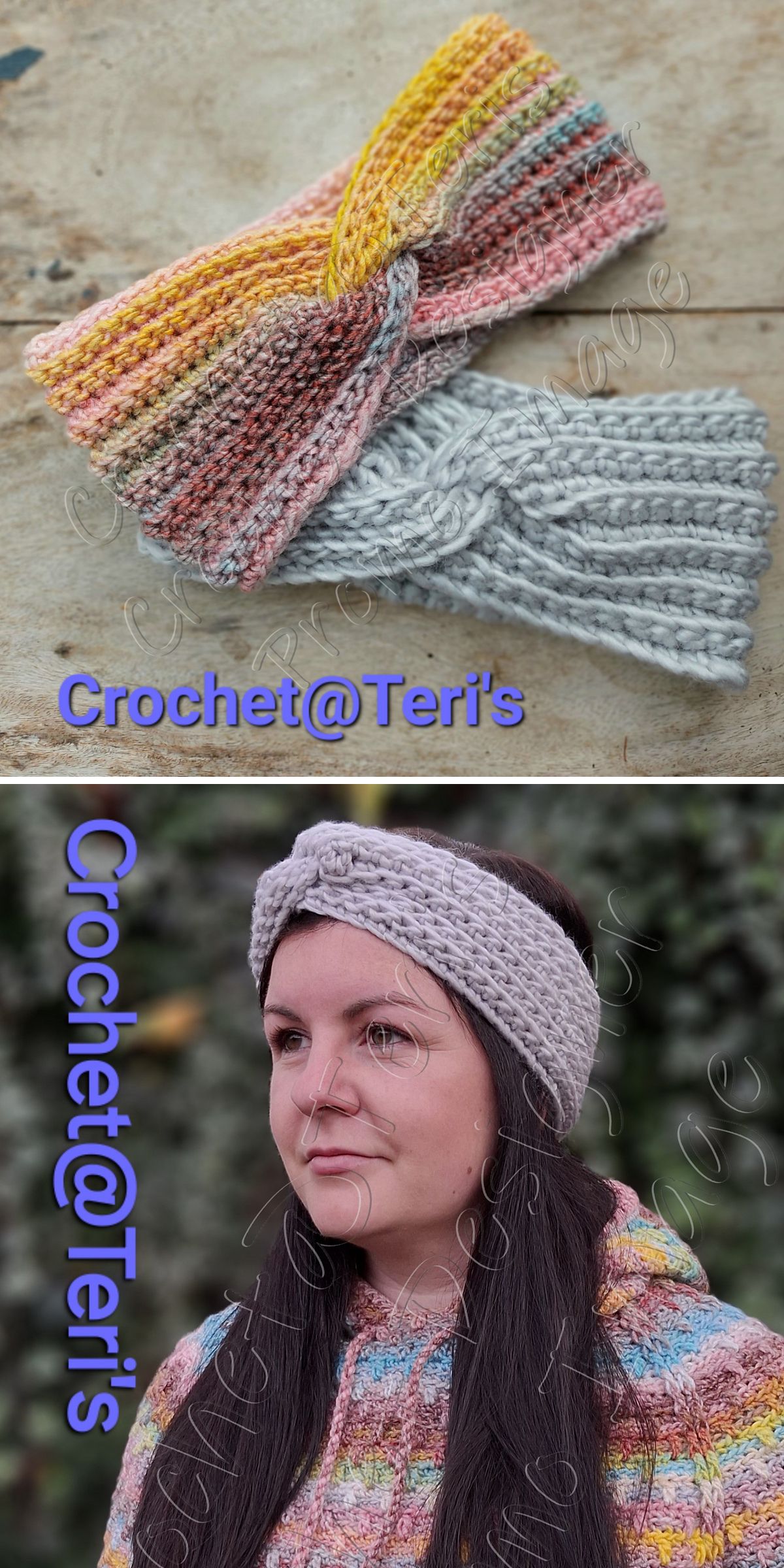 two crocheted headband with a front twist