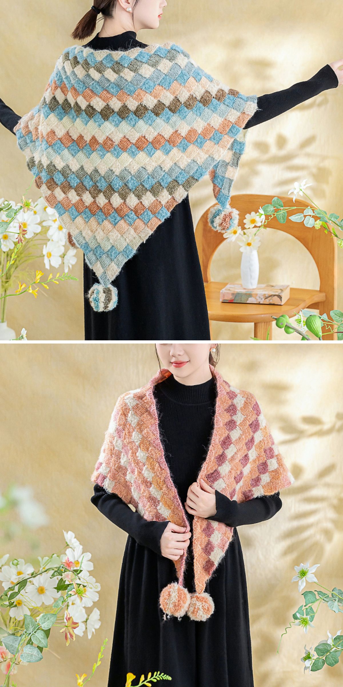 a knitted shawl in a triangle shape featuring a design made of little squares that create a chequered look