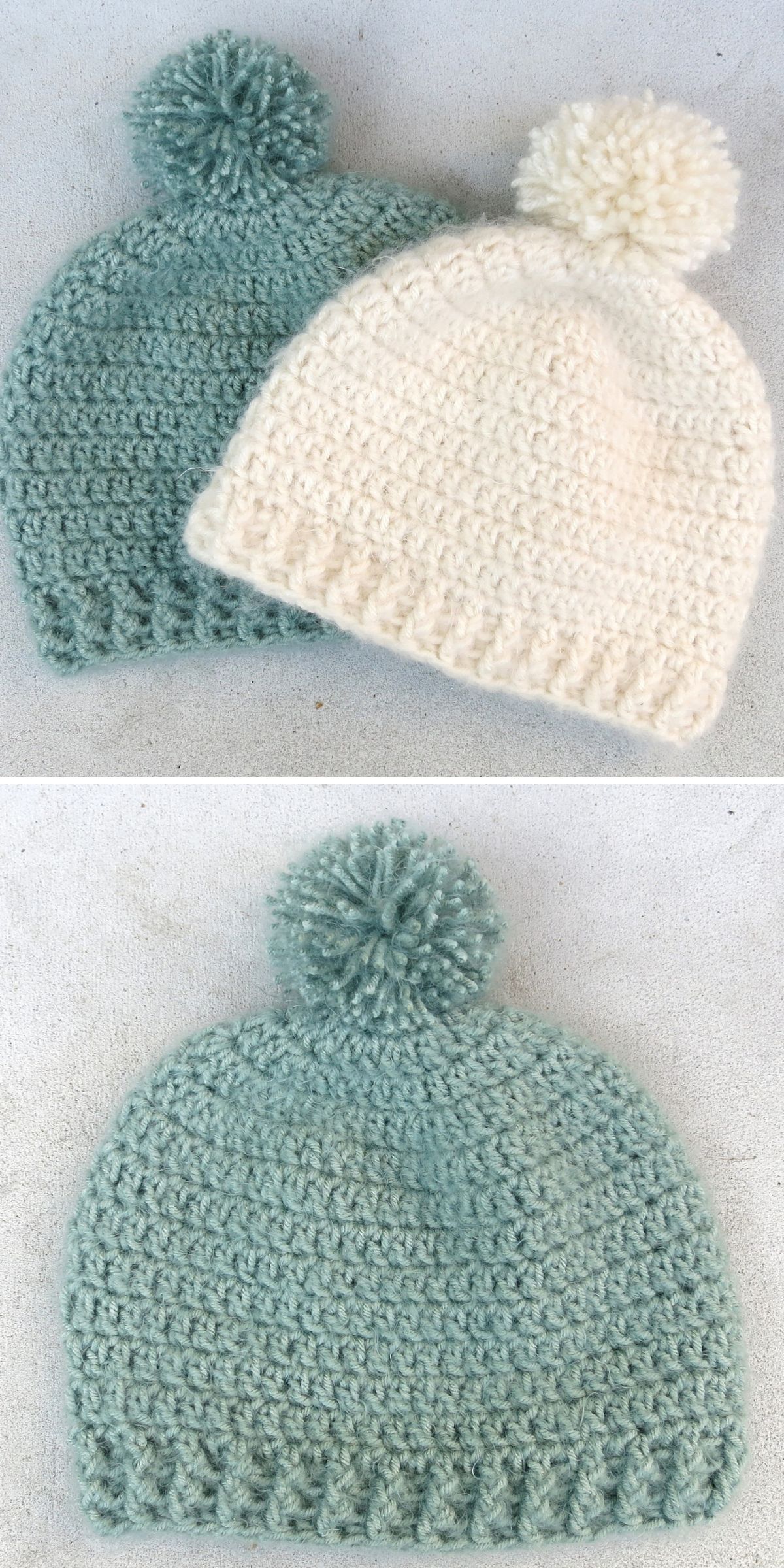 two crocheted baby beanies in pastel green and white