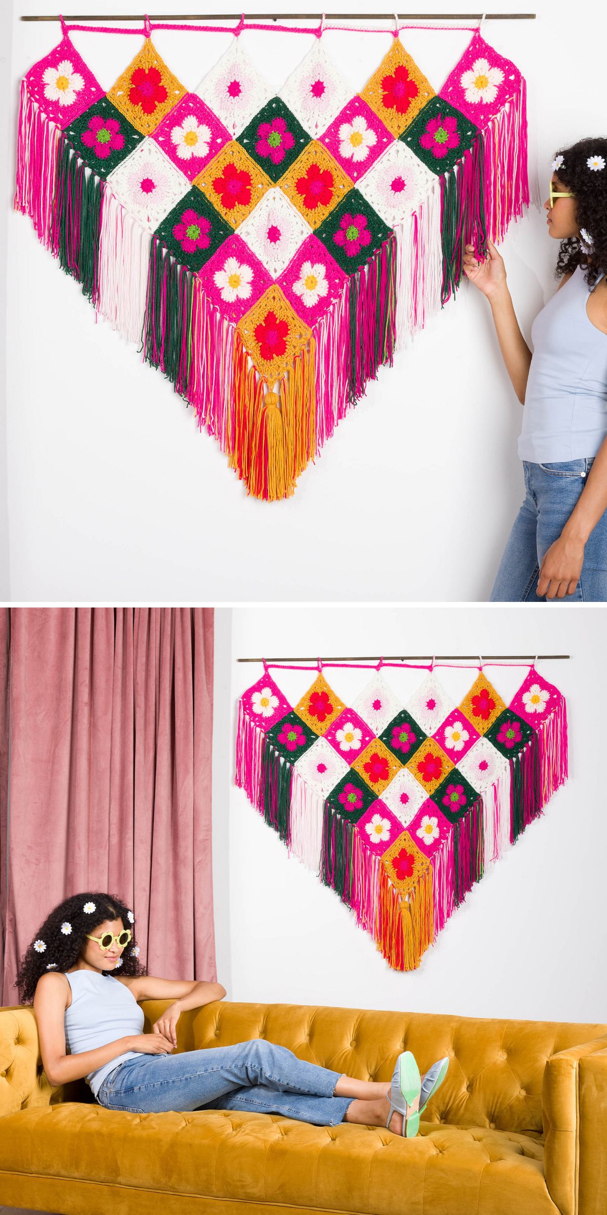  a large crocheted wall hanging made of flower granny squares finished with tassels