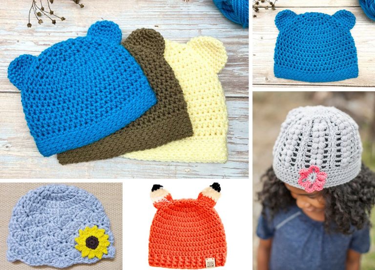a collection of crochet hats with animal designs and flower embellishments