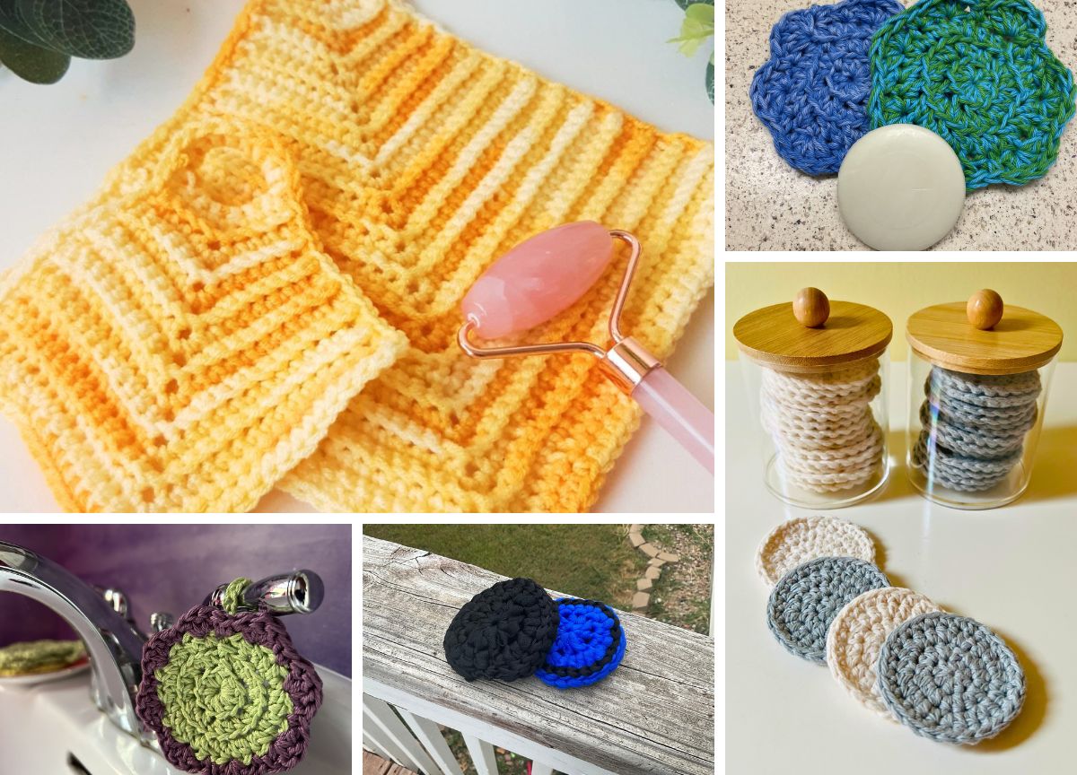 a collection of crochet face scrubbers