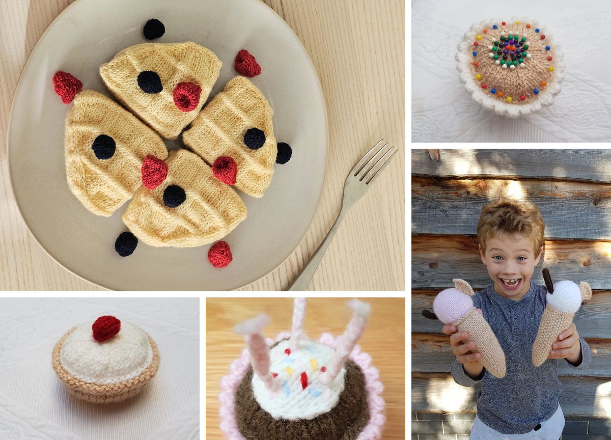 a collection of knitted food amigurumi