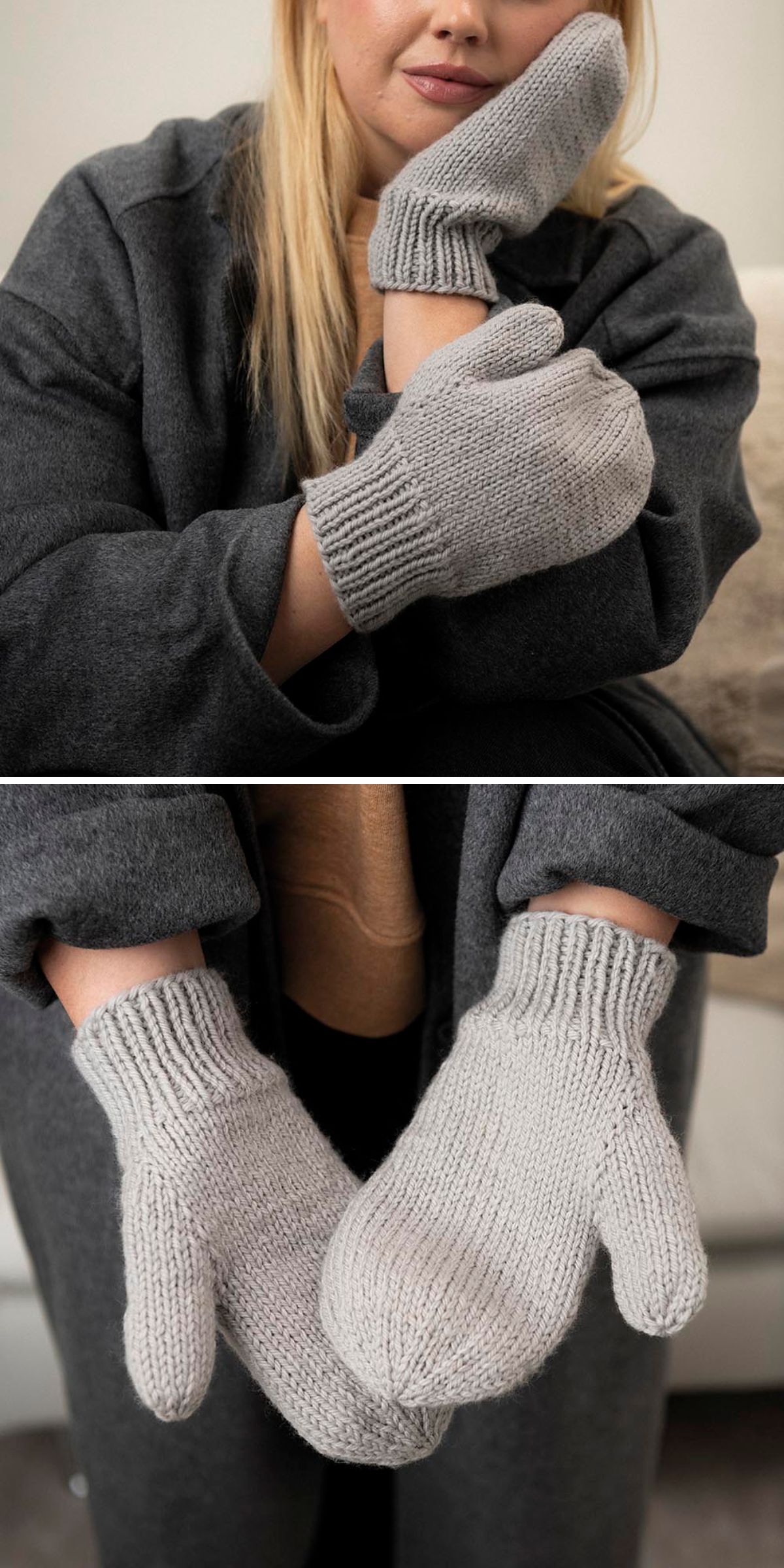 a woman wearing simple knit mittens in grey