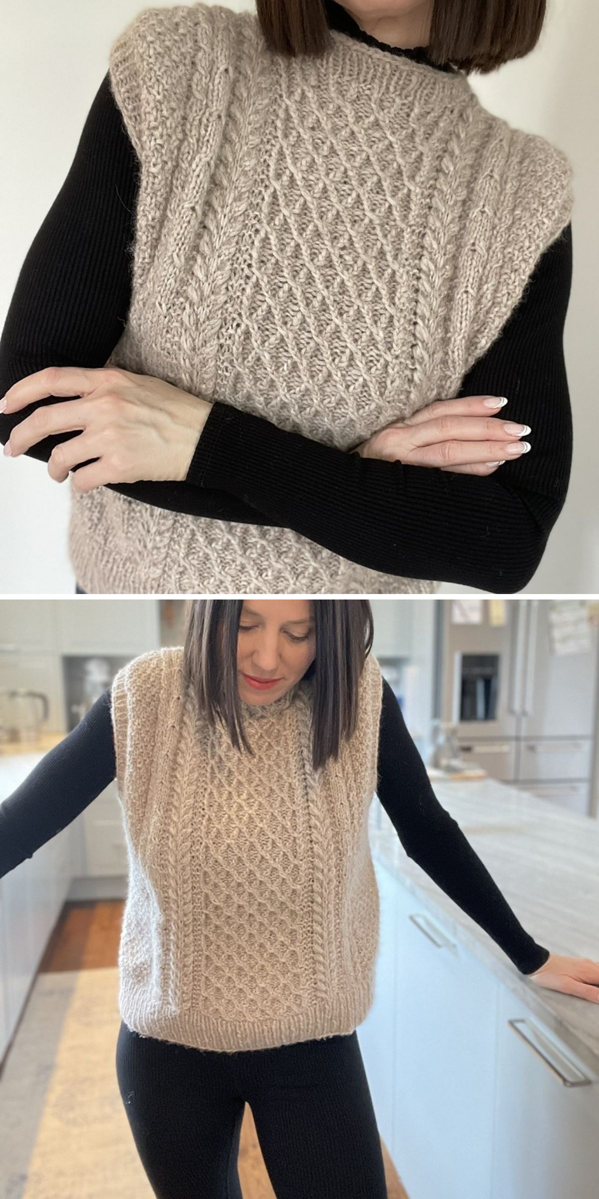 a knitted vest with a cabled design in beige