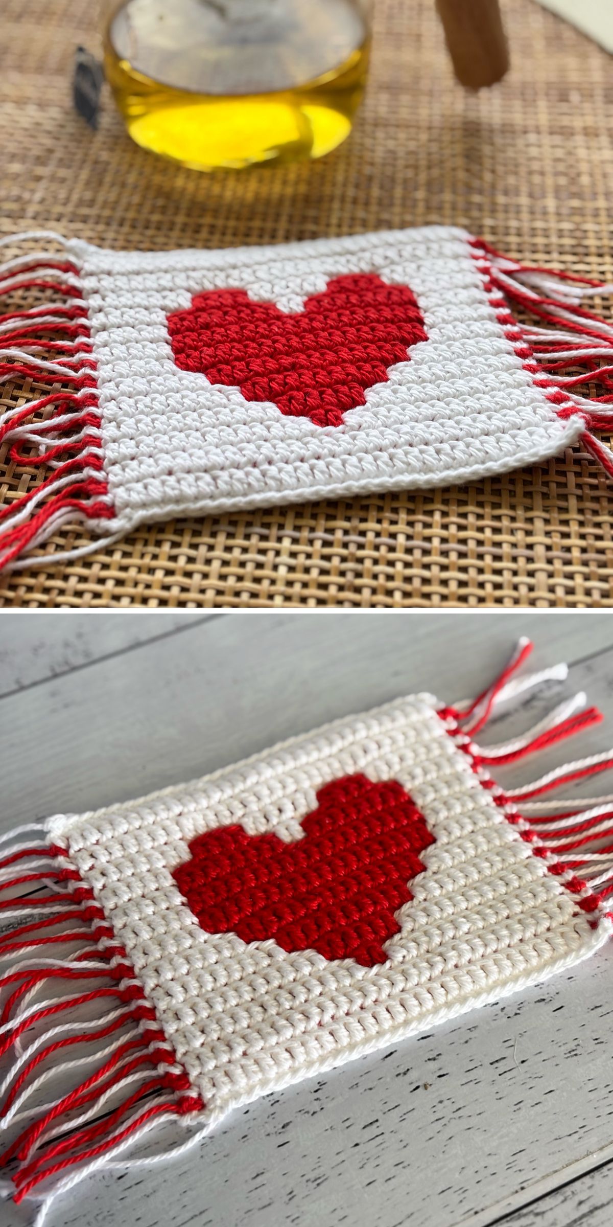 Two crocheted coasters with crochet heart patterns in red on white backgrounds, featuring red and white fringes on the sides.