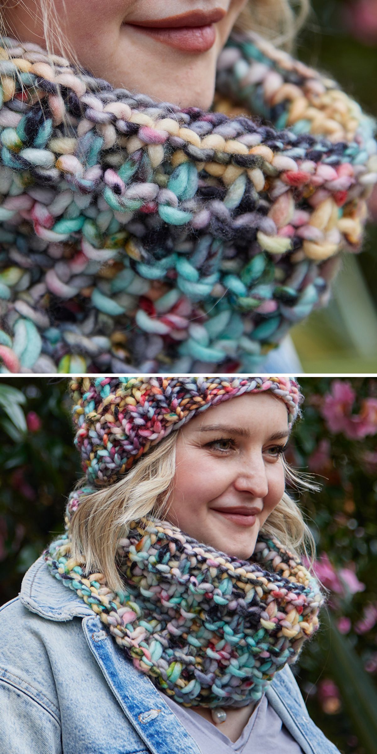 a woman wearing a warm knit cowl made in colorful super bulky yarn