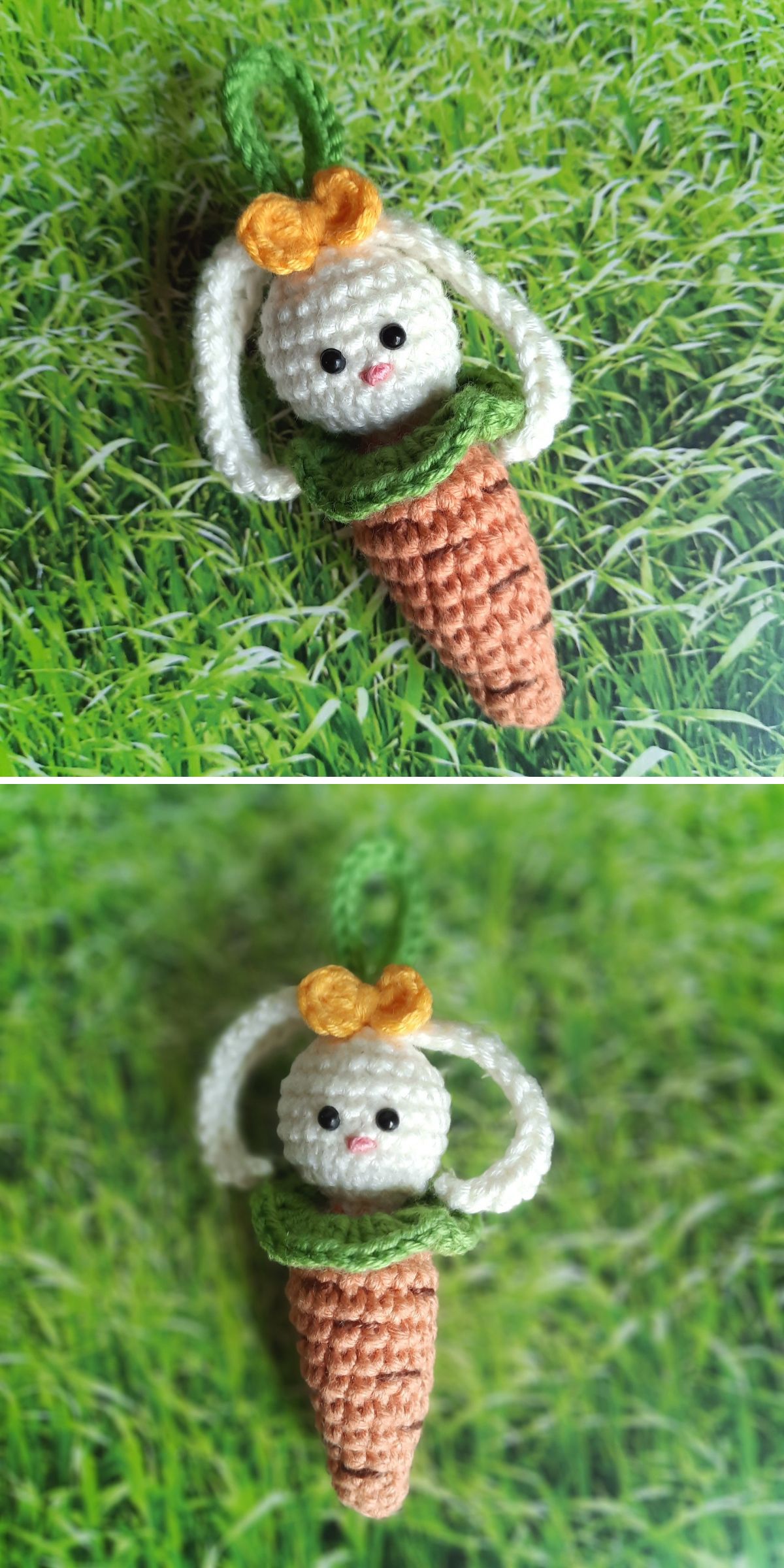 a crochet keychain shaped like a carrot with a bunny's head peeking out 