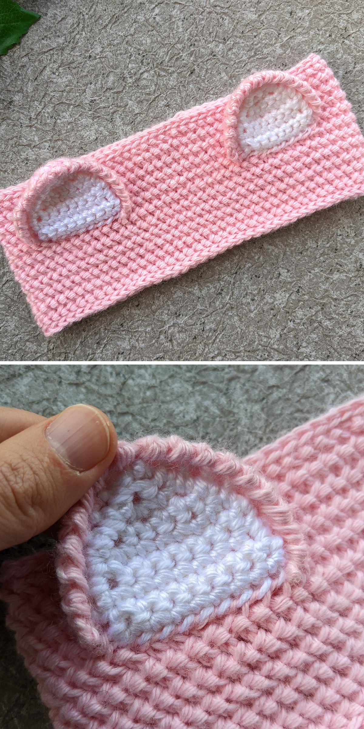 a pink crochet headband with cat ears