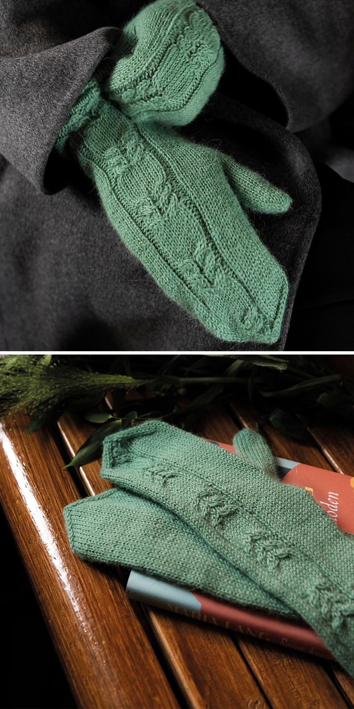 a pair of knitted mittens featuring a lovely textural pattern in a soft, green color