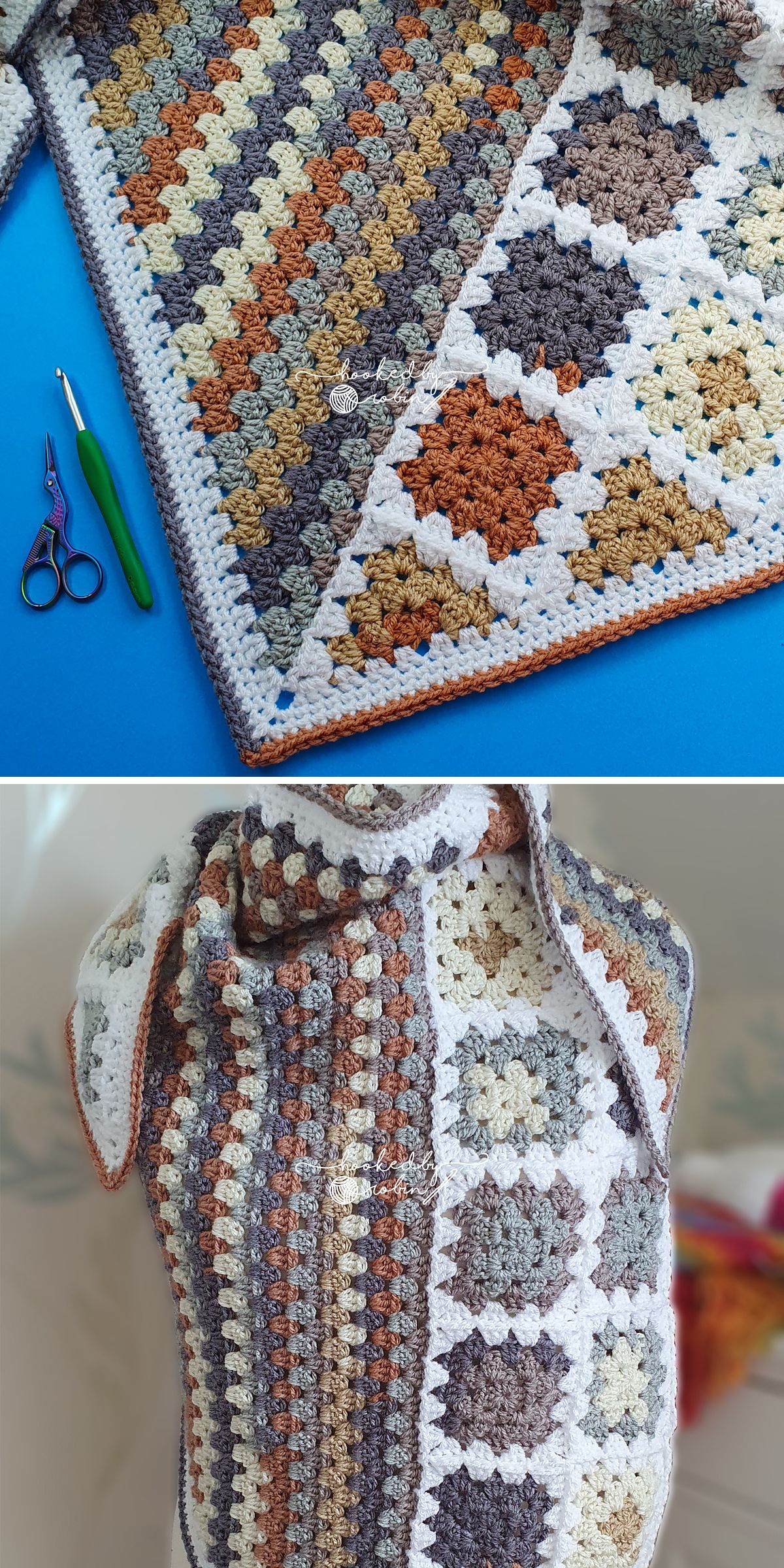 a crochet shawl made of granny squares in warm colors