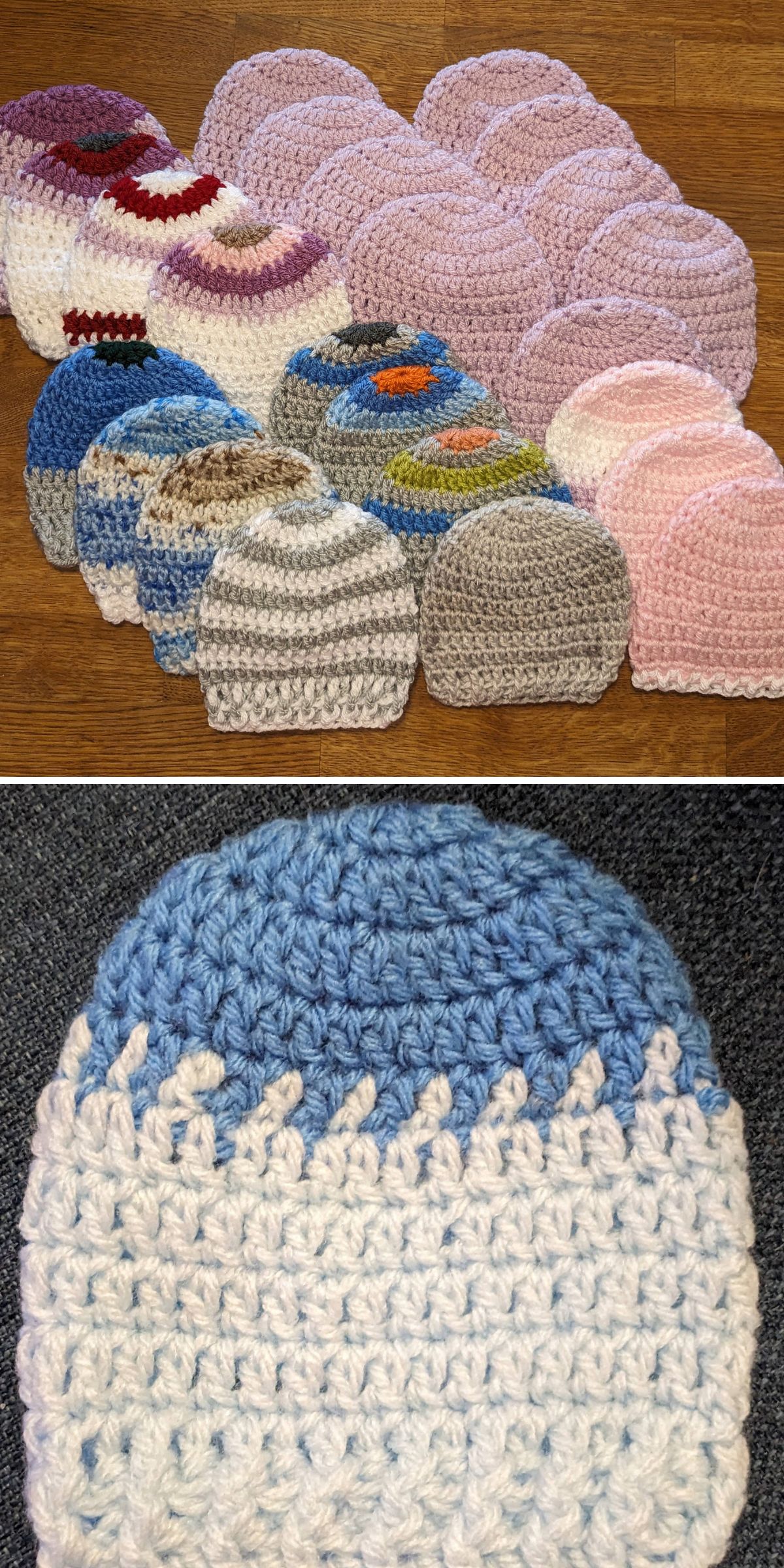 a large collection of crochet baby beanie hats in different colors