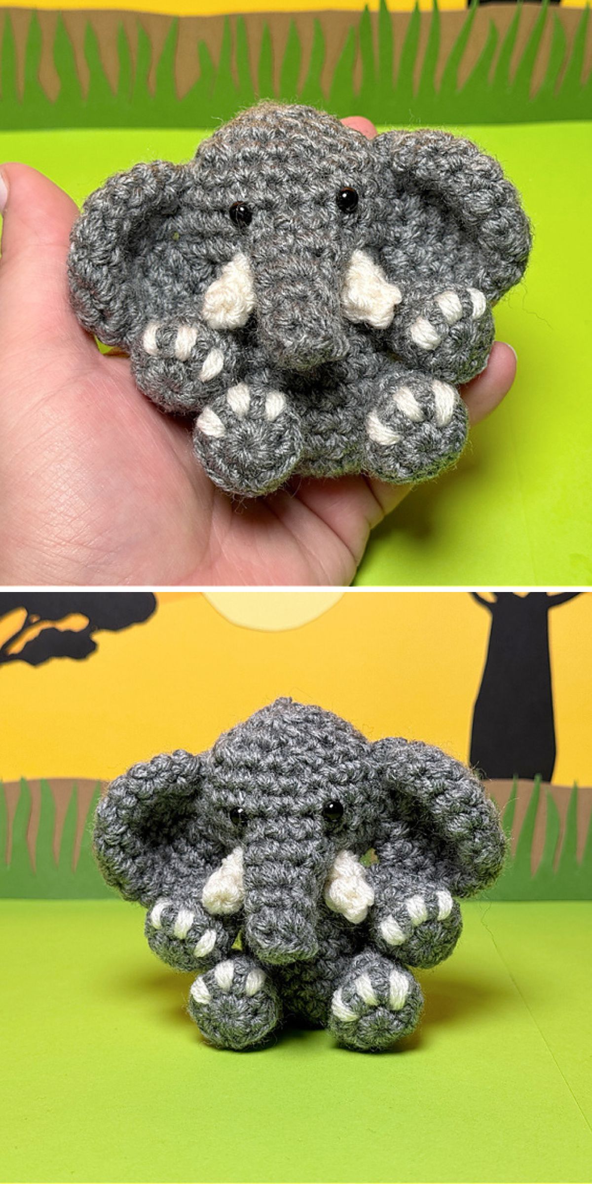 a tiny crochet elephant in grey
