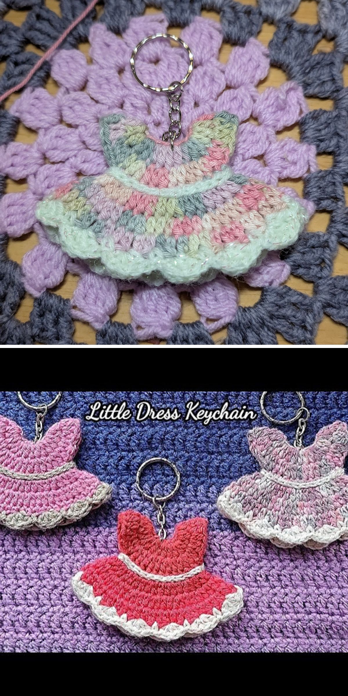 a crochet keychain shaped like a tiny dress 