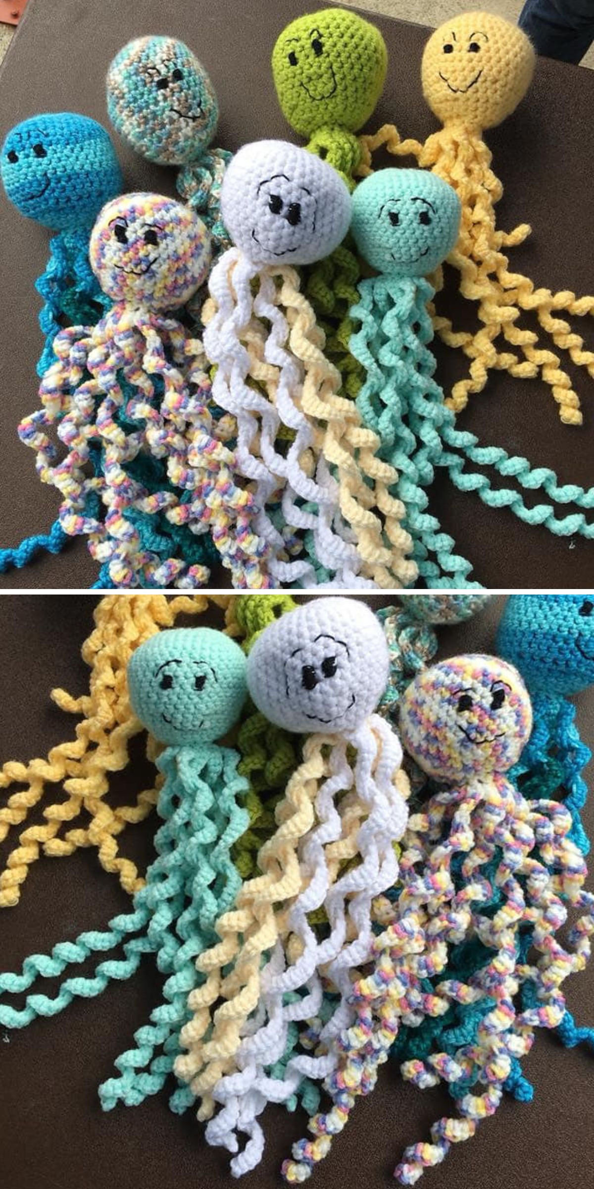 crocheted octopuses in different colors