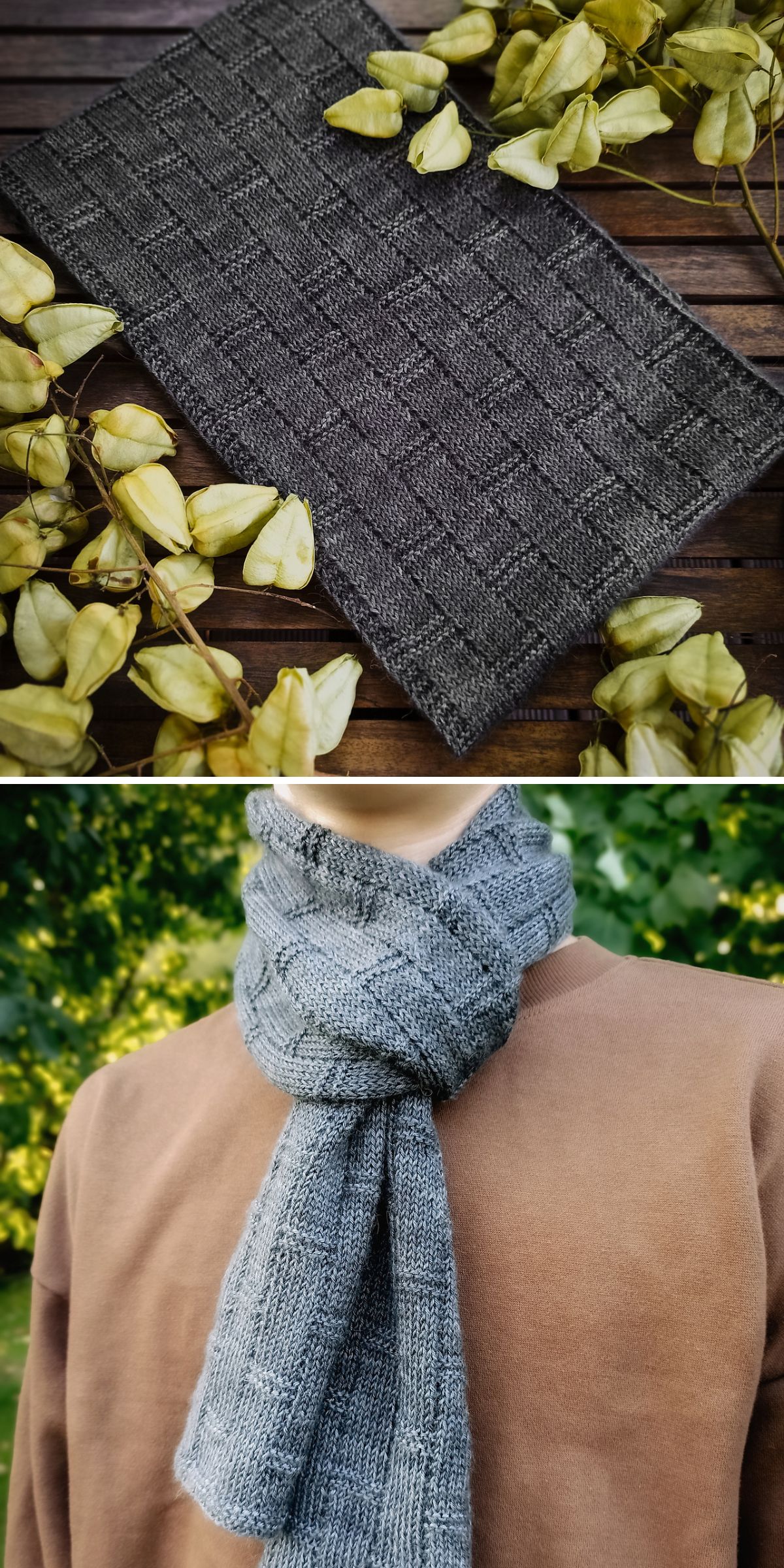 a knitted scarf in a grey color and stylish texture