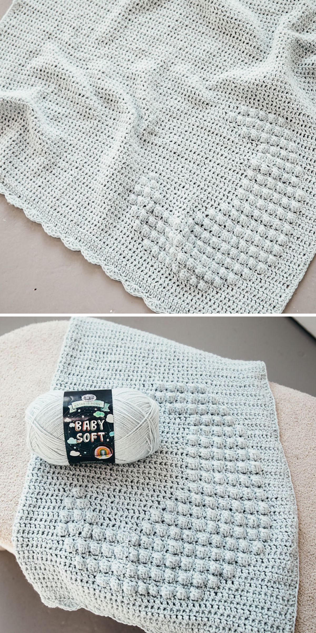 a crochet filet baby blanket in white and with a bobble crescent moon motif
